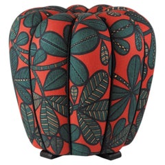 Art Deco Pouf by J. Halabala with vibrant Coral-Red Leaf Pattern Textile