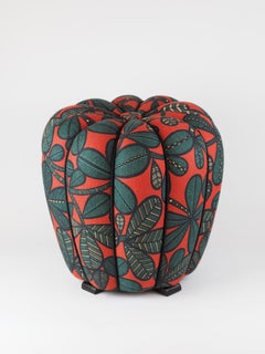 Art Deco Pouf by J. Halabala with vibrant Coral-Red Leaf Pattern Textile