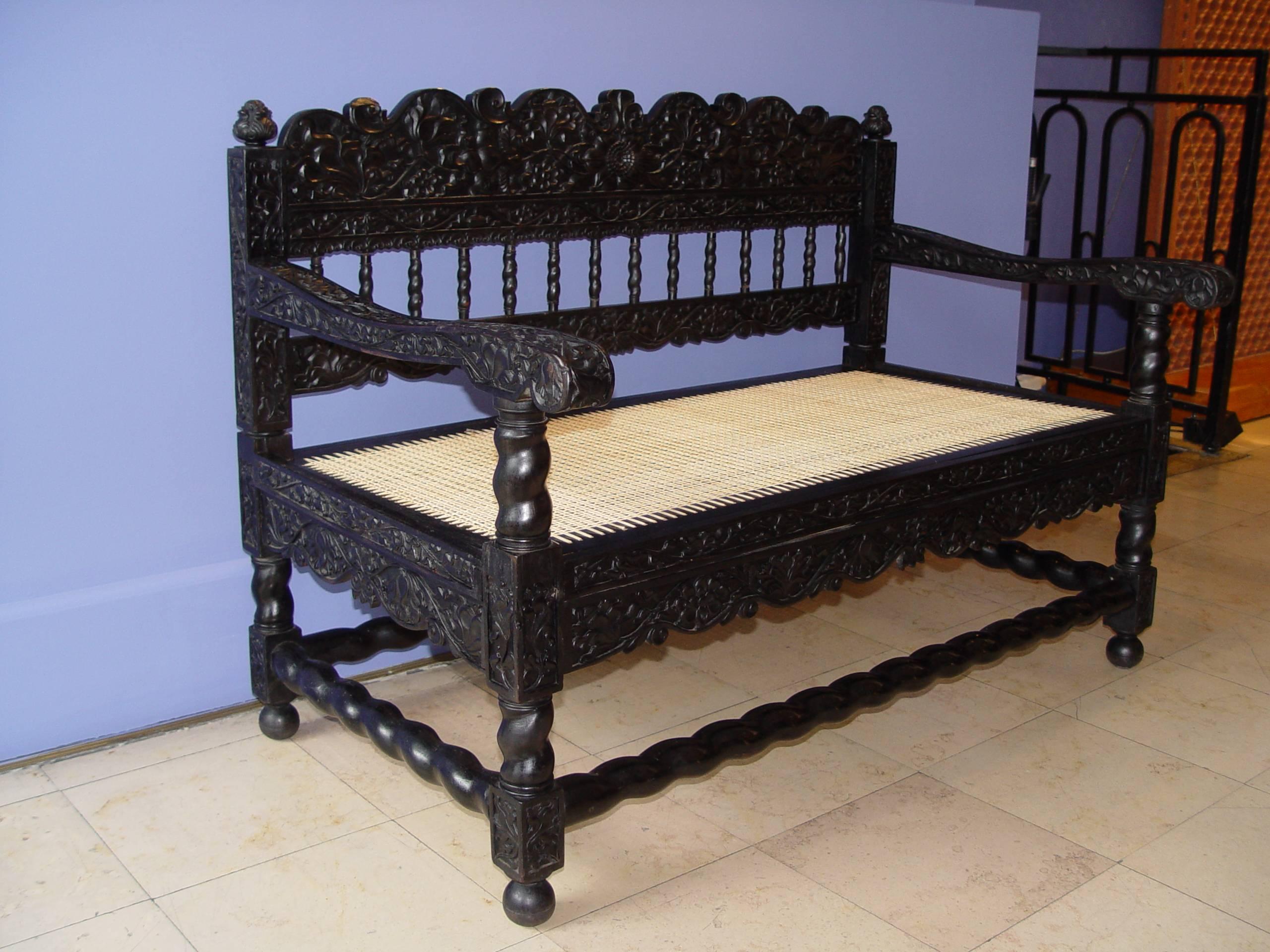 Very Rare Pair of Early 18th Indonesian Ebony Carved Settees For Sale 2