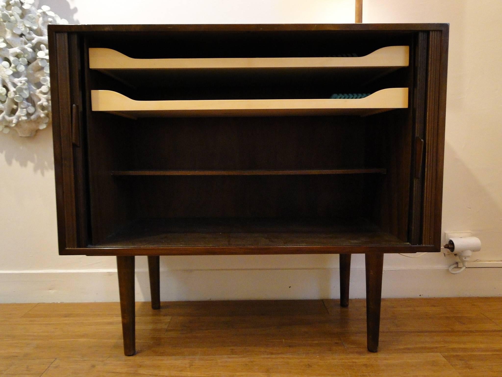 Mid-Century Modern Small Cabinet of Nutwood with Tambour Doors For Sale
