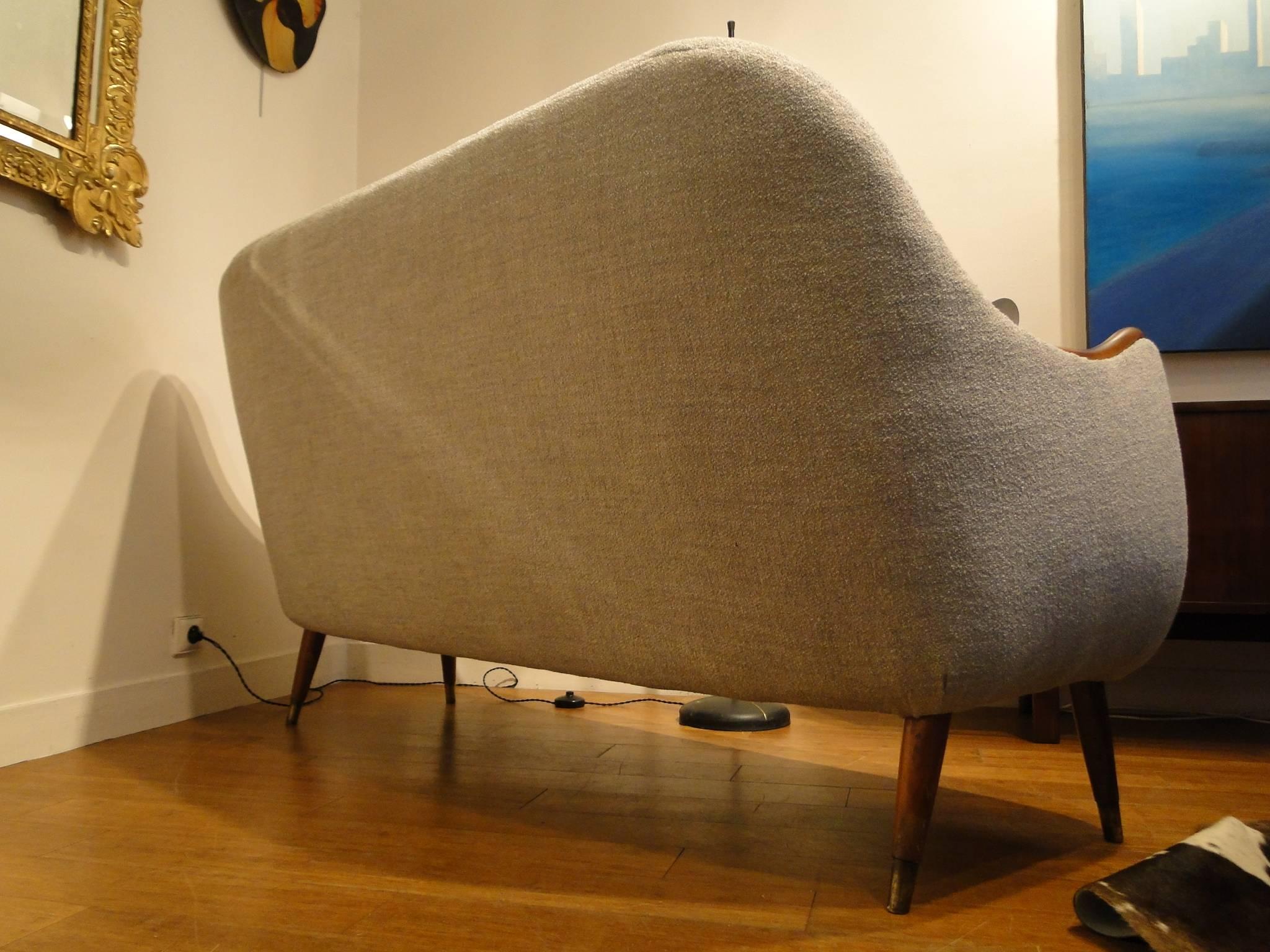 Unusual Early Norwegian Three-Seat Sofa Teak Armrests Brass Leg Caps For Sale 2
