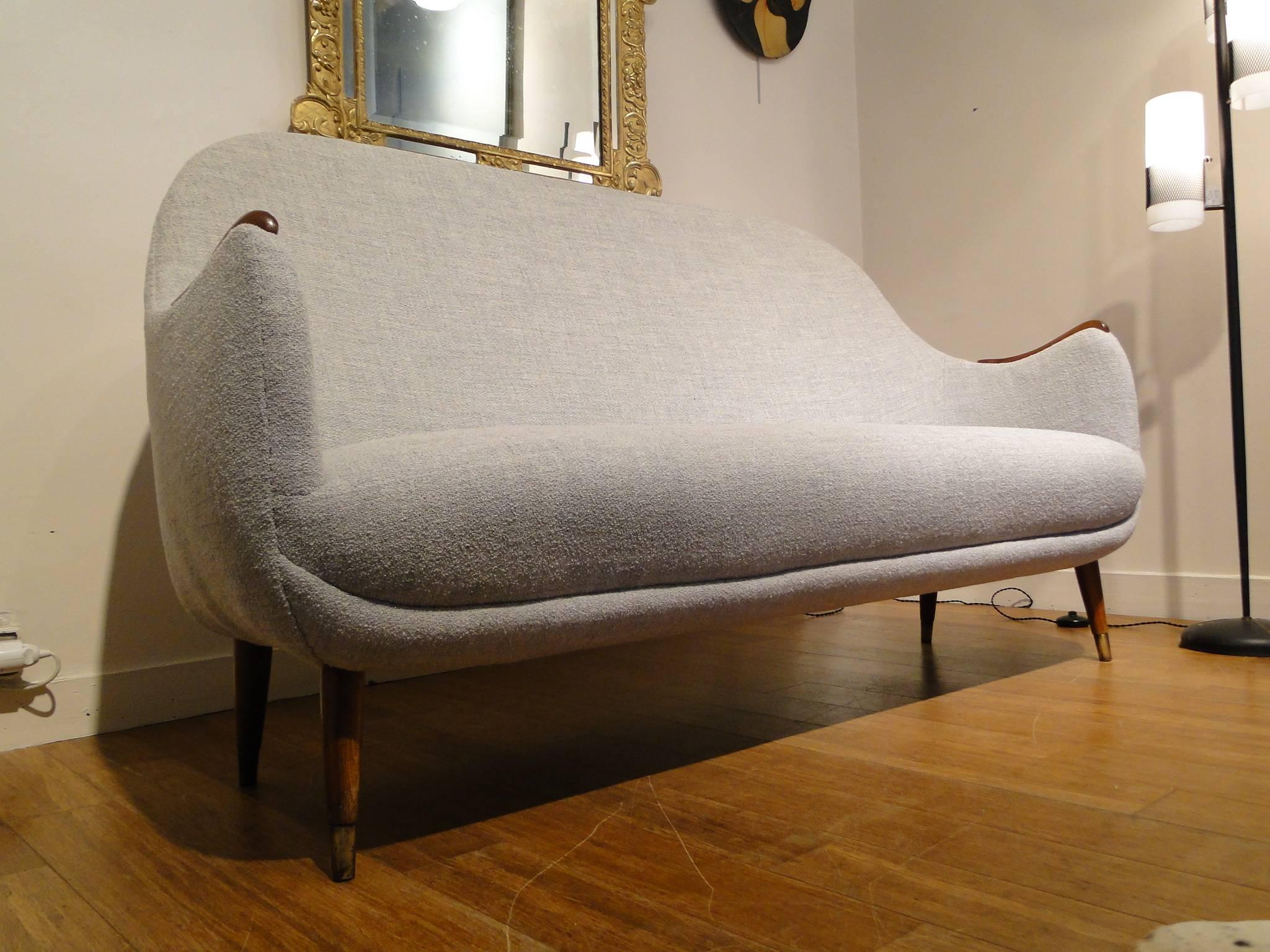 Unusual Early Norwegian Three-Seat Sofa Teak Armrests Brass Leg Caps For Sale 1