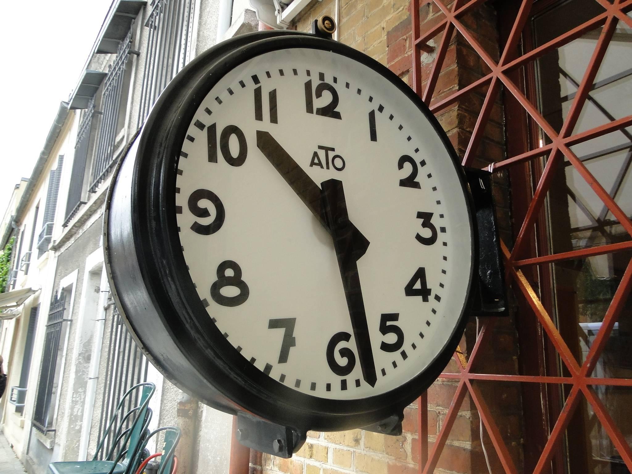Painted Vintage French Ato Brillie Station Railway Clock Factory Industrial Double Side For Sale