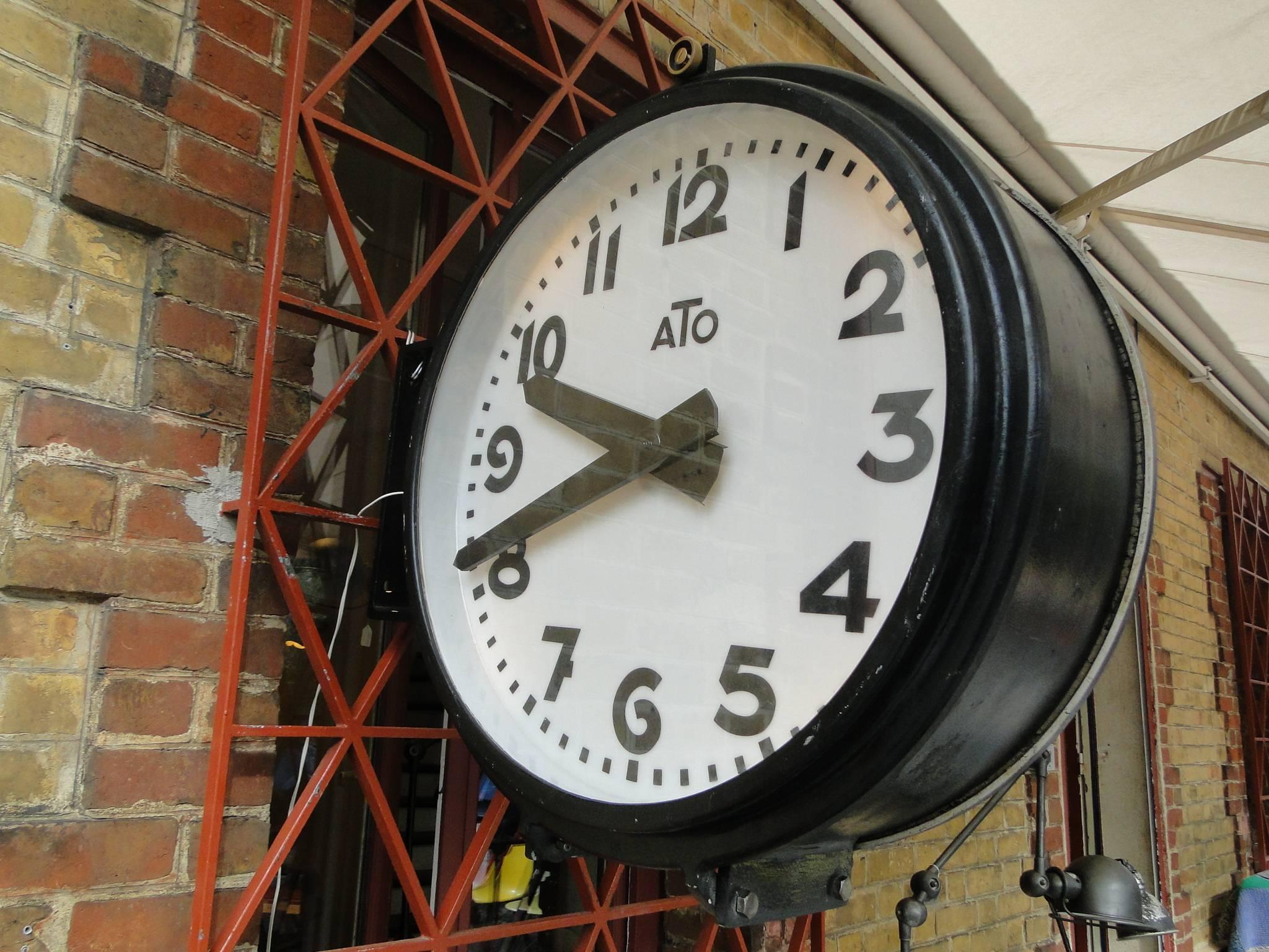 Vintage French Ato Brillie Station Railway Clock Factory Industrial Double Side In Excellent Condition For Sale In Saint-Ouen, FR