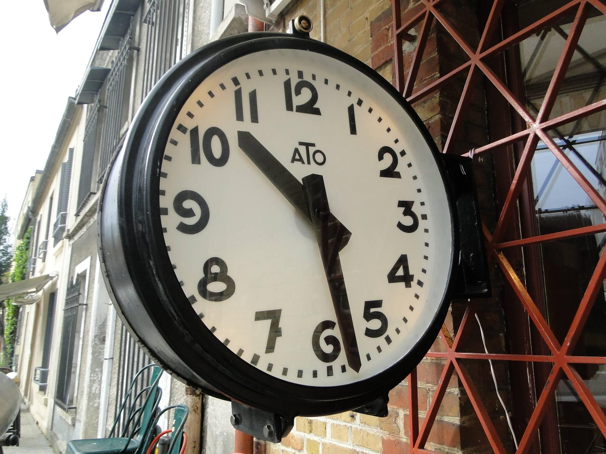 Aluminum Vintage French Ato Brillie Station Railway Clock Factory Industrial Double Side For Sale