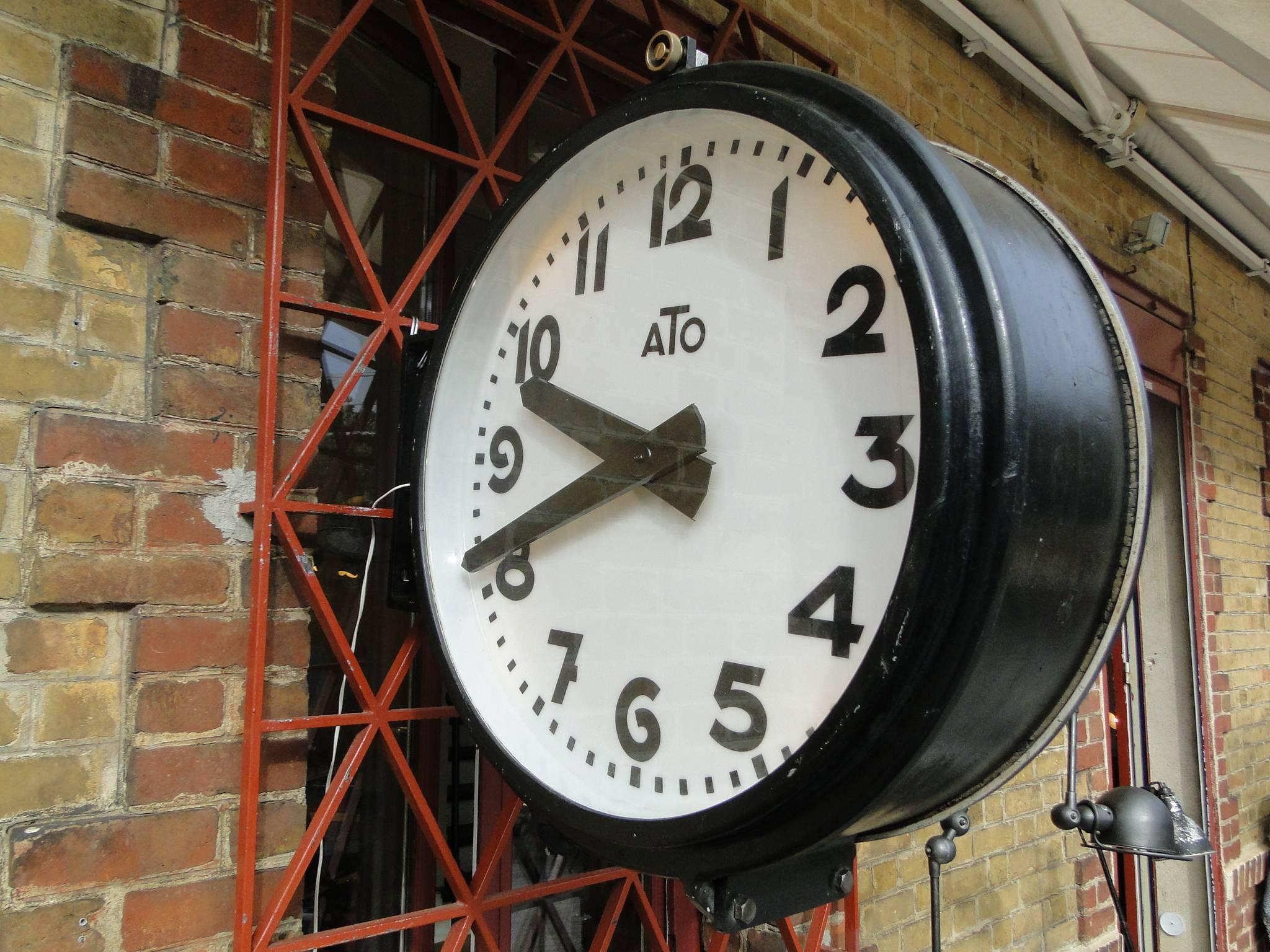Vintage French Ato Brillie Station Railway Clock Factory Industrial Double Side For Sale 1