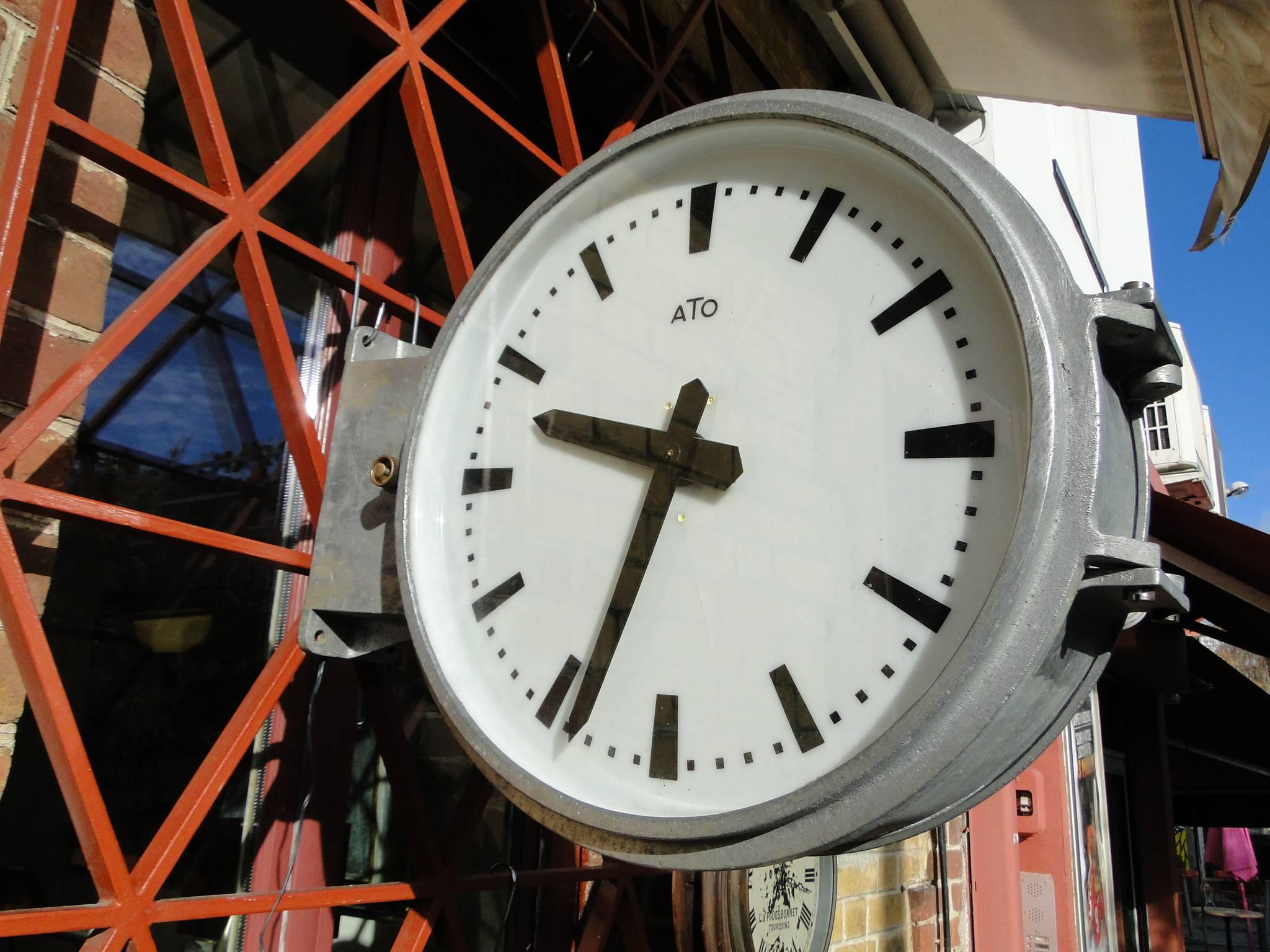 Aluminum Double Side Vintage French Ato Brillie Station Railway Clock Industrial For Sale