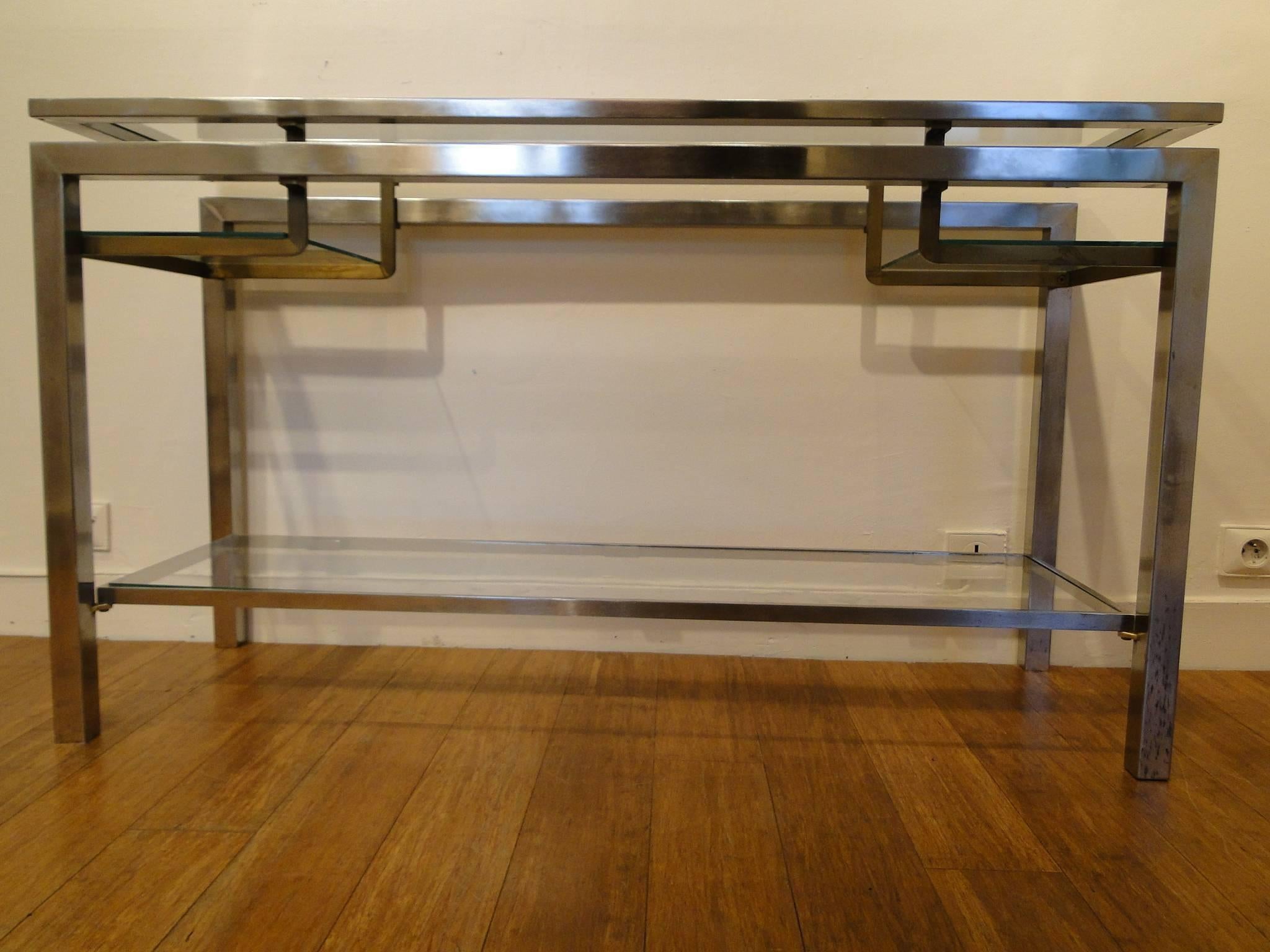 Guy Lefevre France, 1970 Stainless Steel Console with Double Tops 2