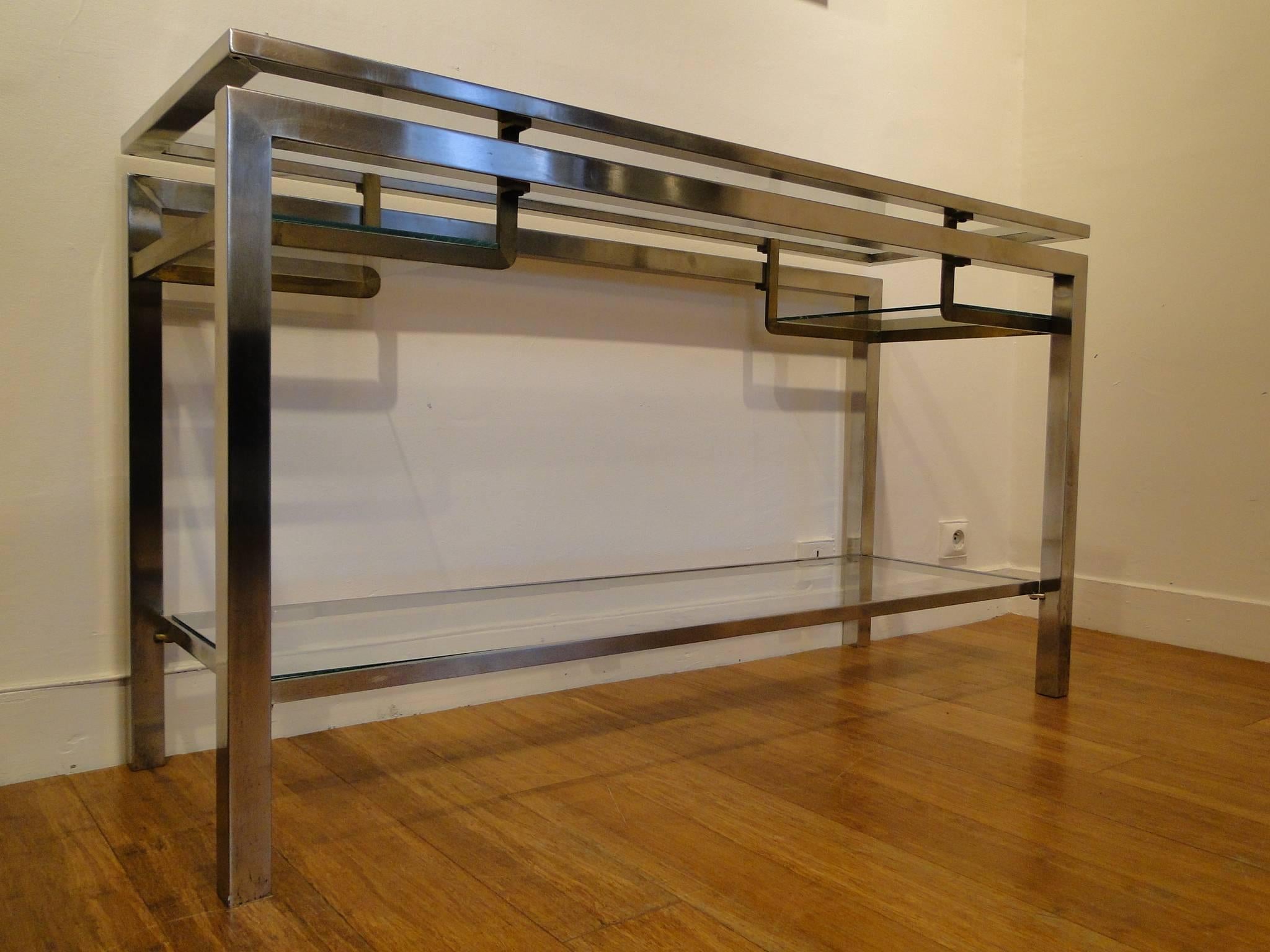 Guy Lefevre, 1970 stainless steel console with double tops for Maison Jansen.