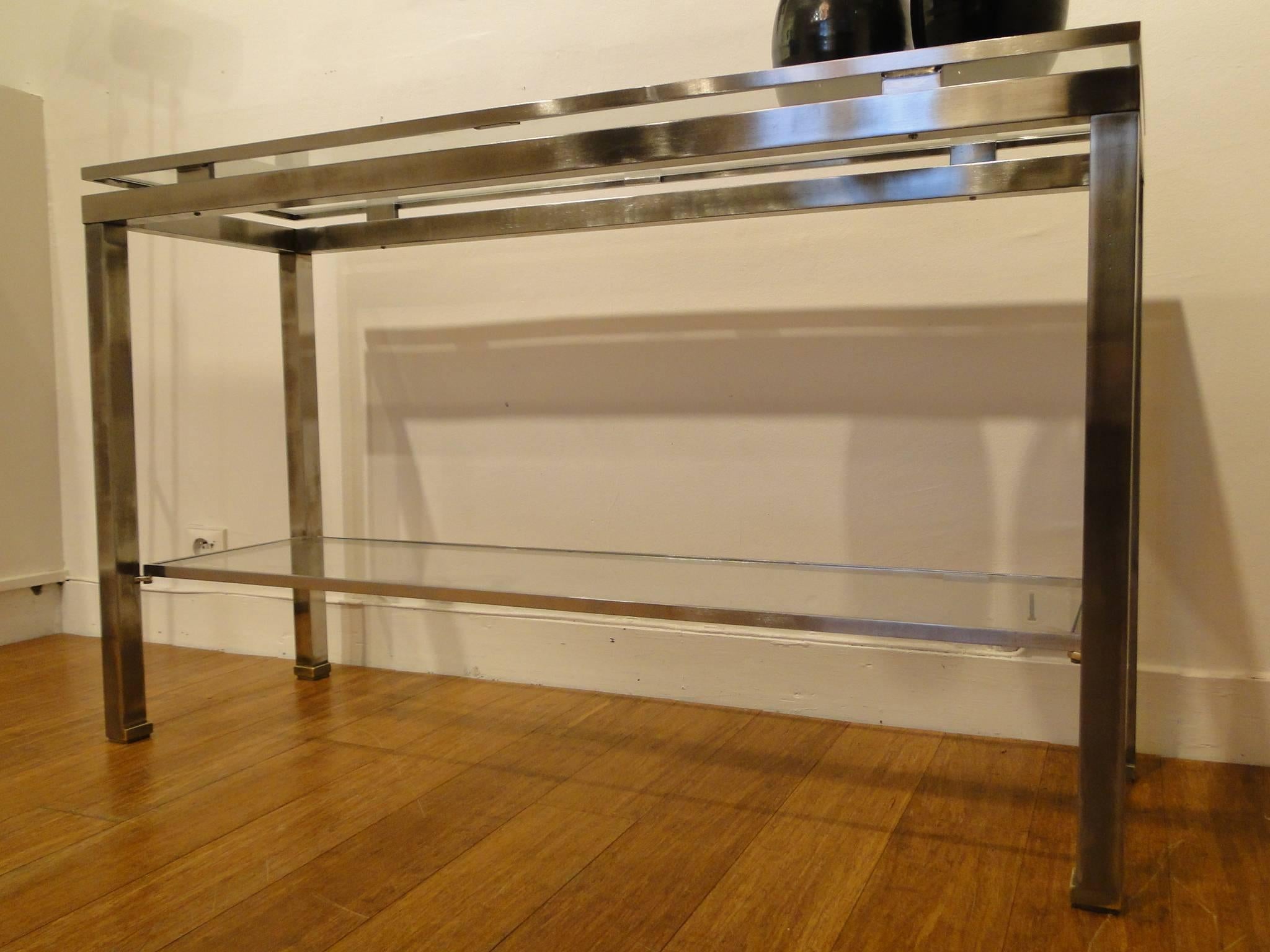 Guy Lefevre, 1970 Stainless Steel Console with Double Tops for Maison Jansen For Sale 1