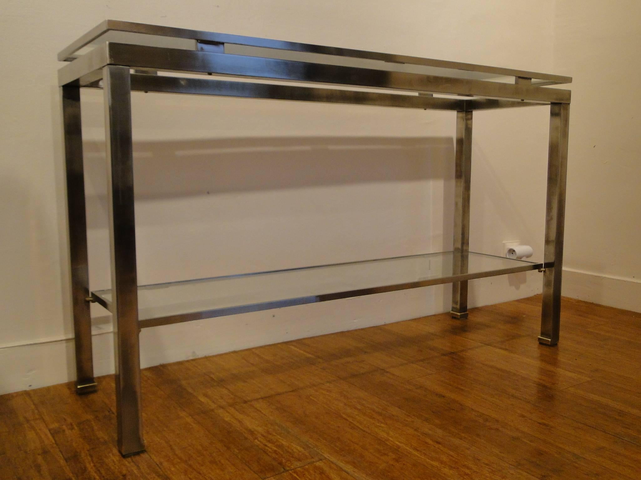 Mid-Century Modern Guy Lefevre, 1970 Stainless Steel Console with Double Tops for Maison Jansen For Sale