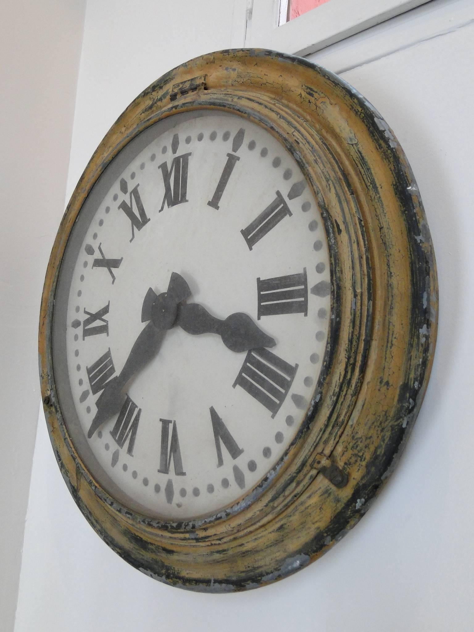 Industrial French Brillie Railway Clock, Painted Metal, 1930s For Sale