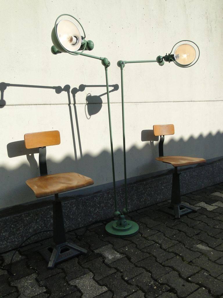 Double Three-Armed Jielde French Industrial Floor Reading Lamp Reseda Green For Sale 1