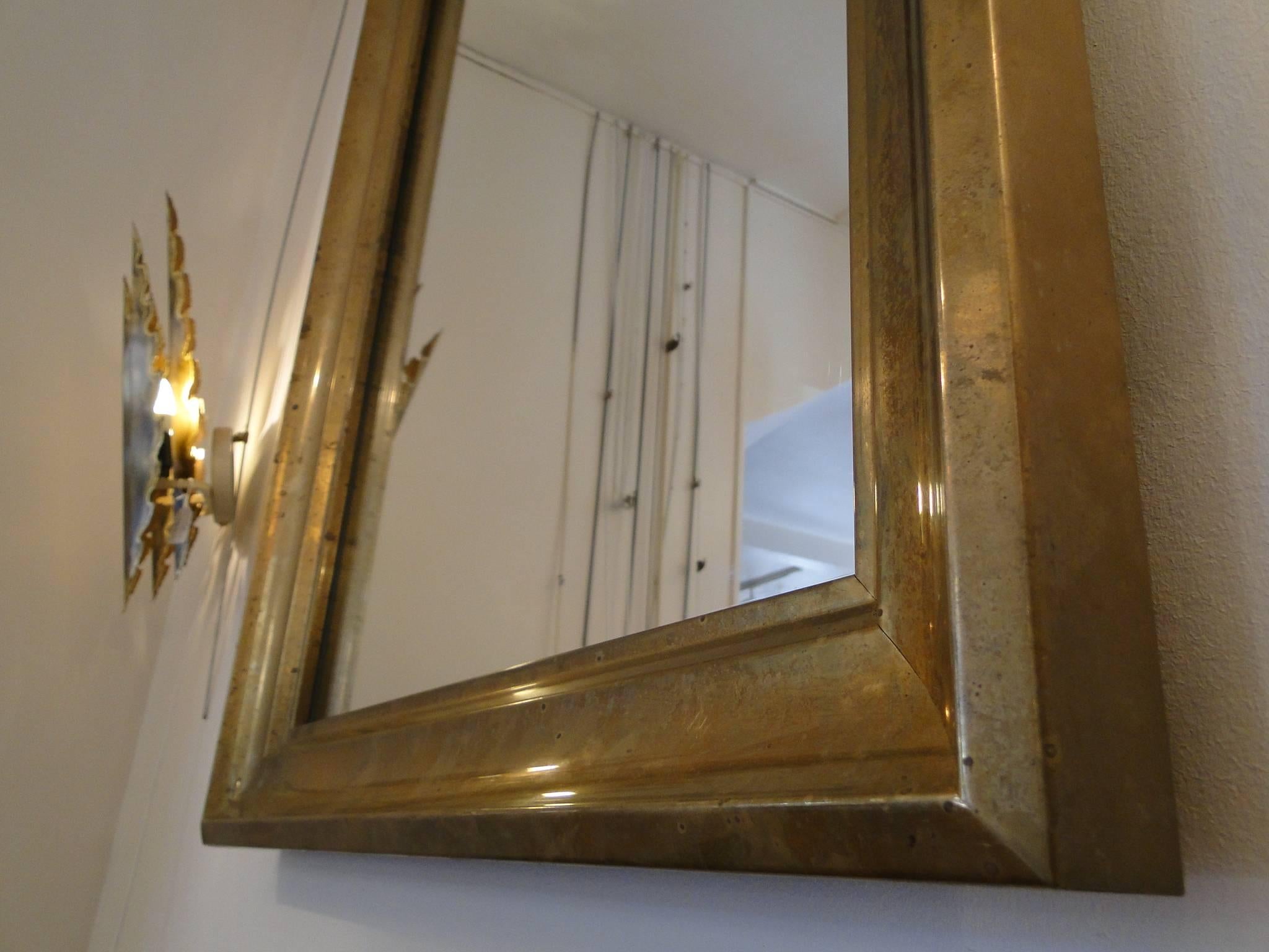 Mid-Century Modern Large-Scale Mid-Century French Brass Mirror with Geometric Detail