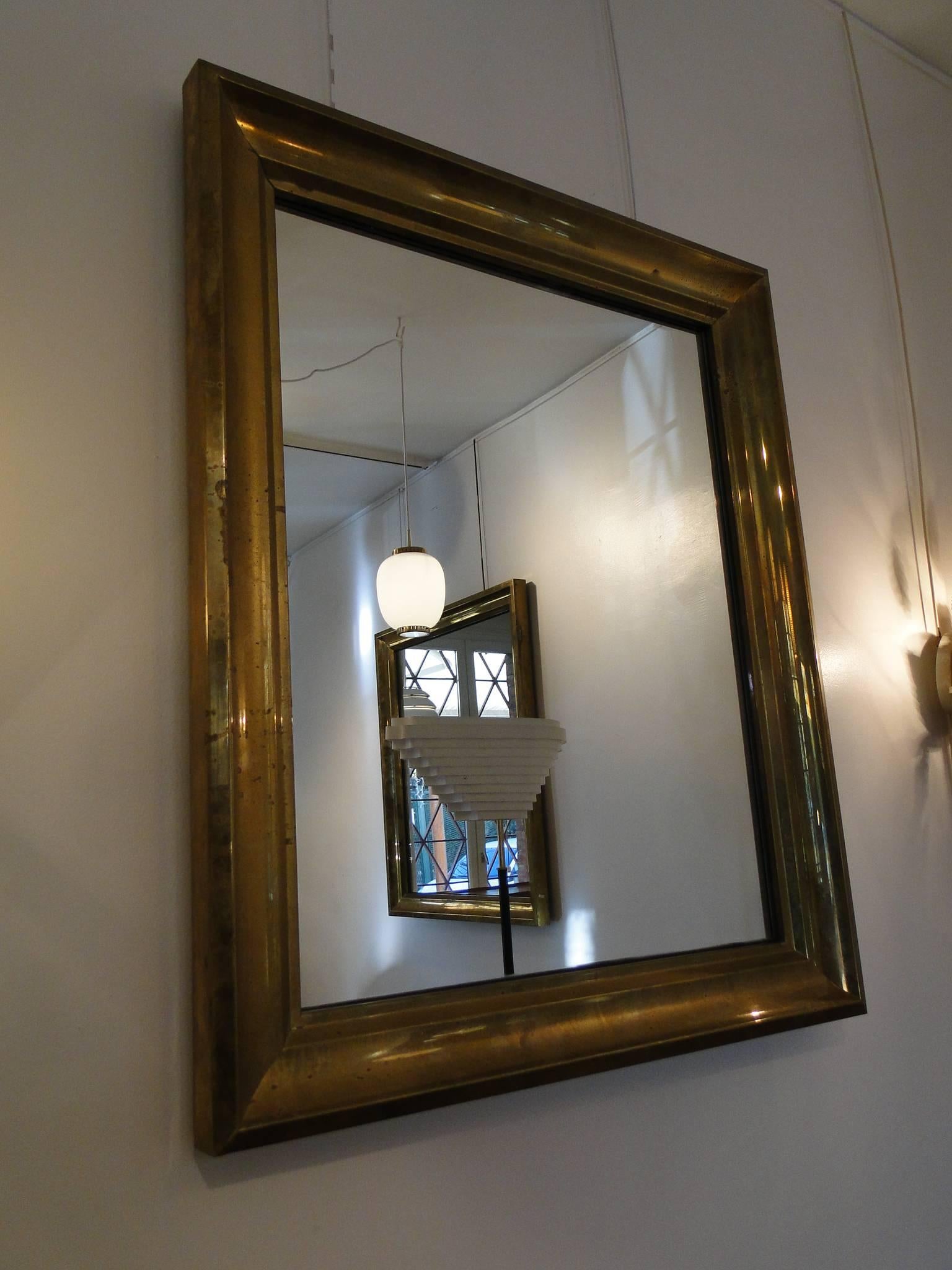 Mid-20th Century Large-Scale Mid-Century French Brass Mirror with Geometric Detail