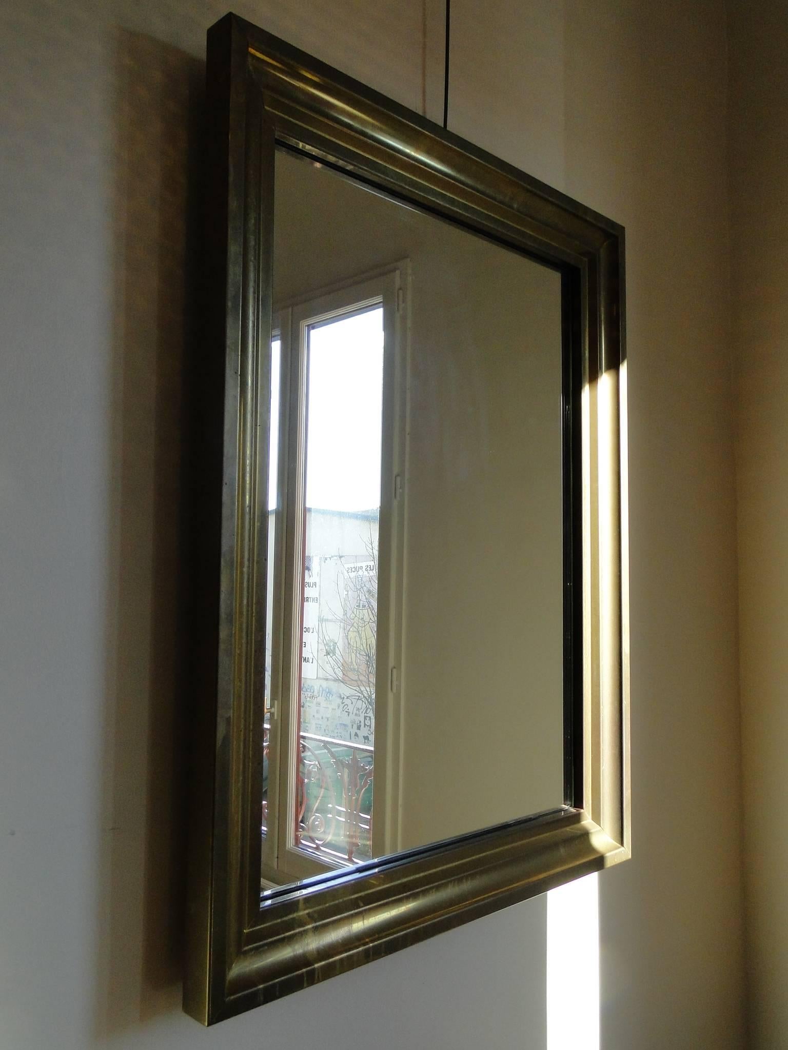Mid-Century Modern Large-Scale Mid-Century French Brass Mirror with Geometric Detail
