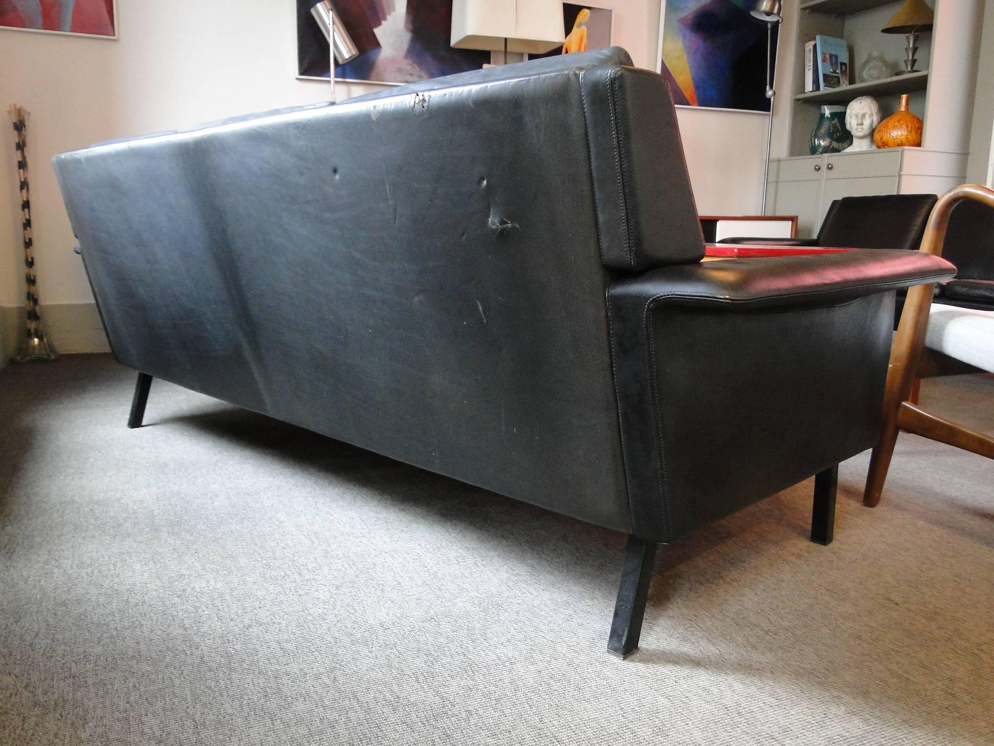 Danish Arne Vodder Black Leather Sofa Patina For Sale