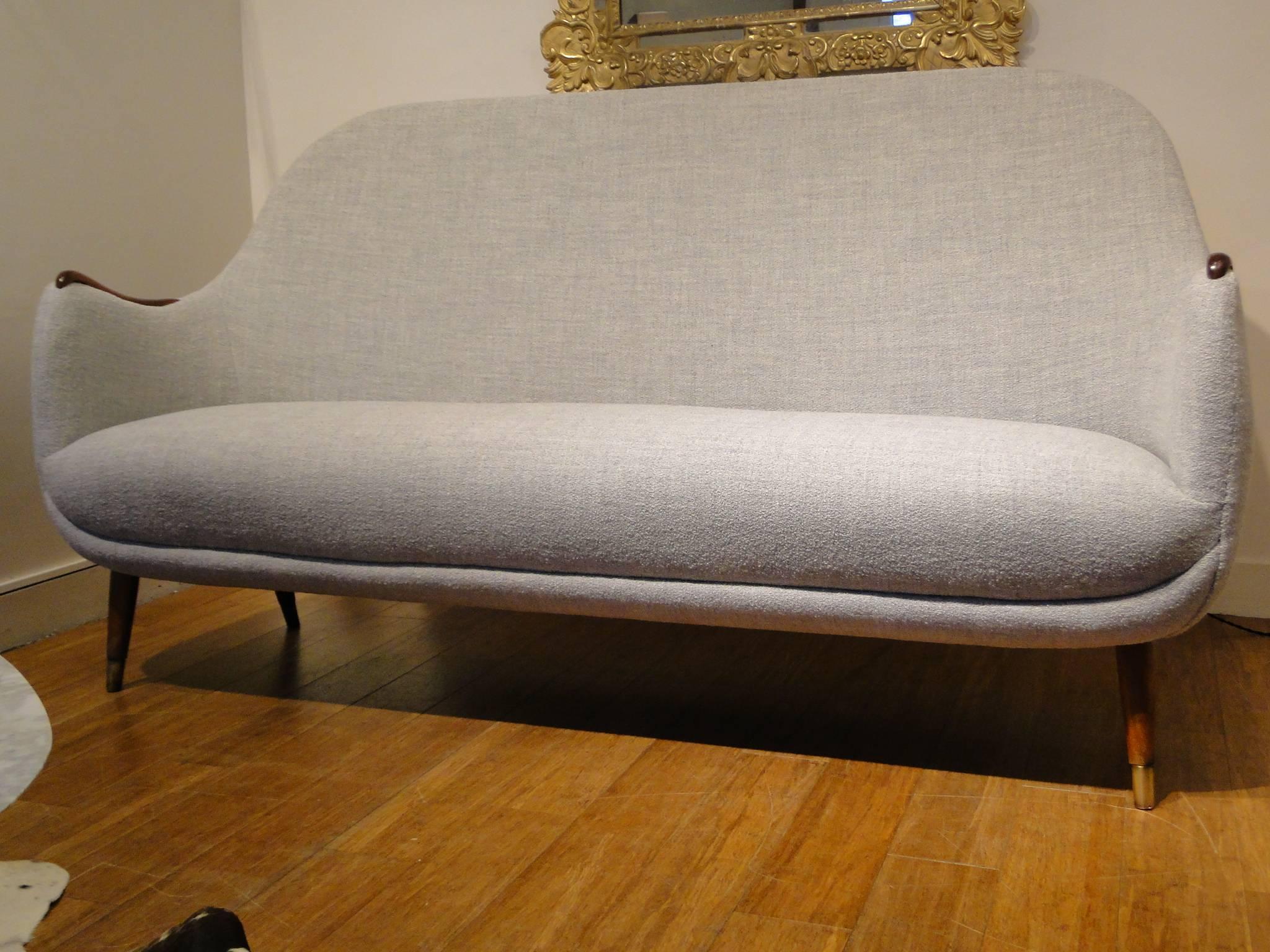 Unusual Early Norwegian Three-Seat Sofa Teak Armrests Brass Leg Caps For Sale 3