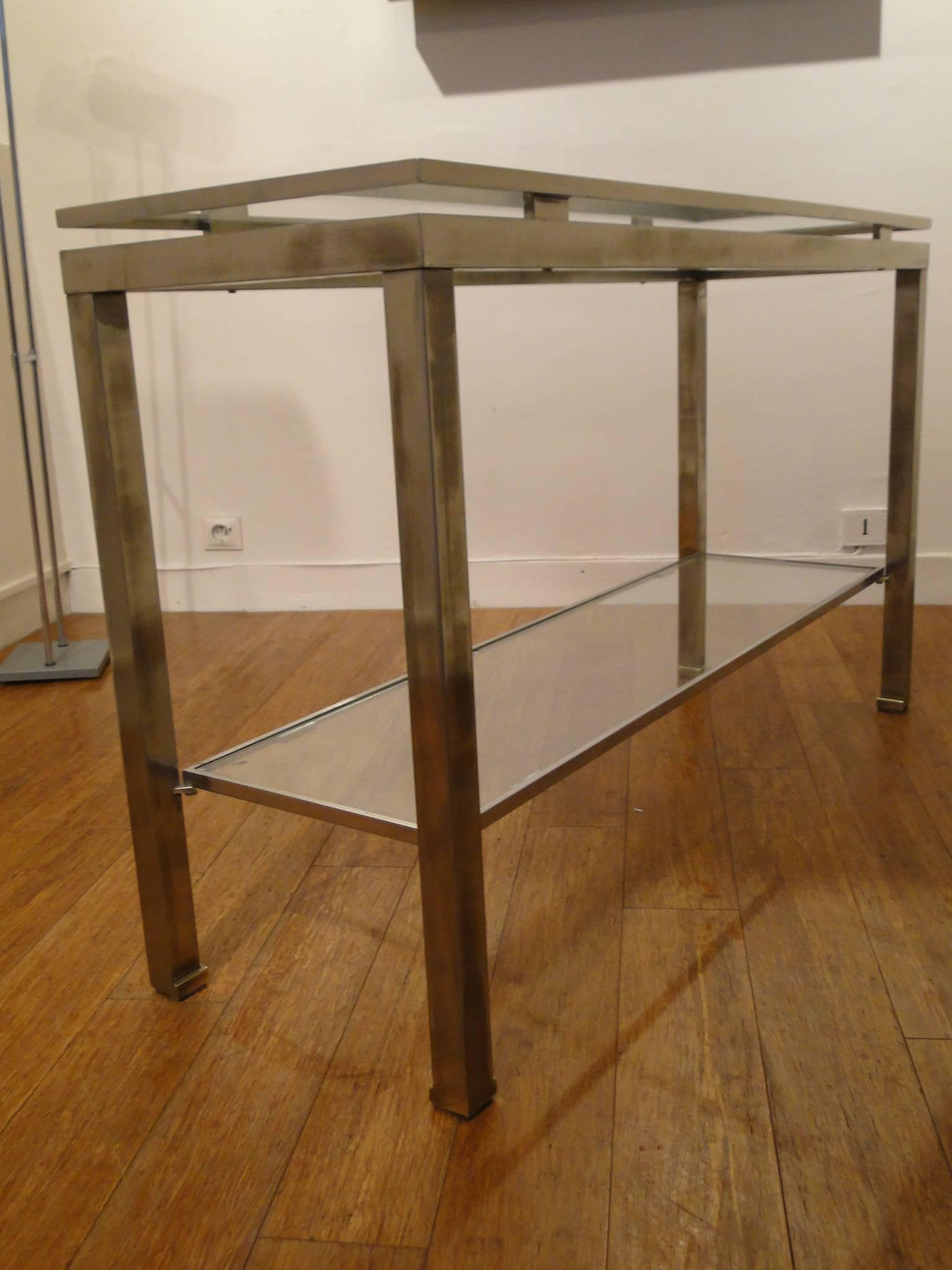 French Guy Lefevre, 1970 Stainless Steel Console with Double Tops for Maison Jansen For Sale