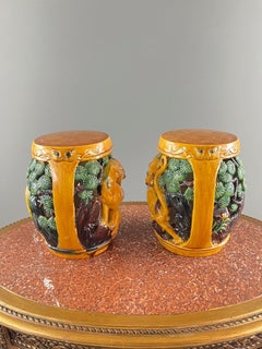 Pair Of Chinese Sancai Ceramic Garden Stools Decorated With Tigers, 20th Century