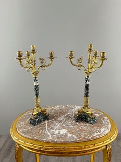Par de candelabros de bronce dorado y mármol verde, siglo XIX