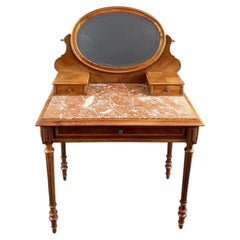Louis XVI Style Dressing Table with Carved Wood & Pink Marble