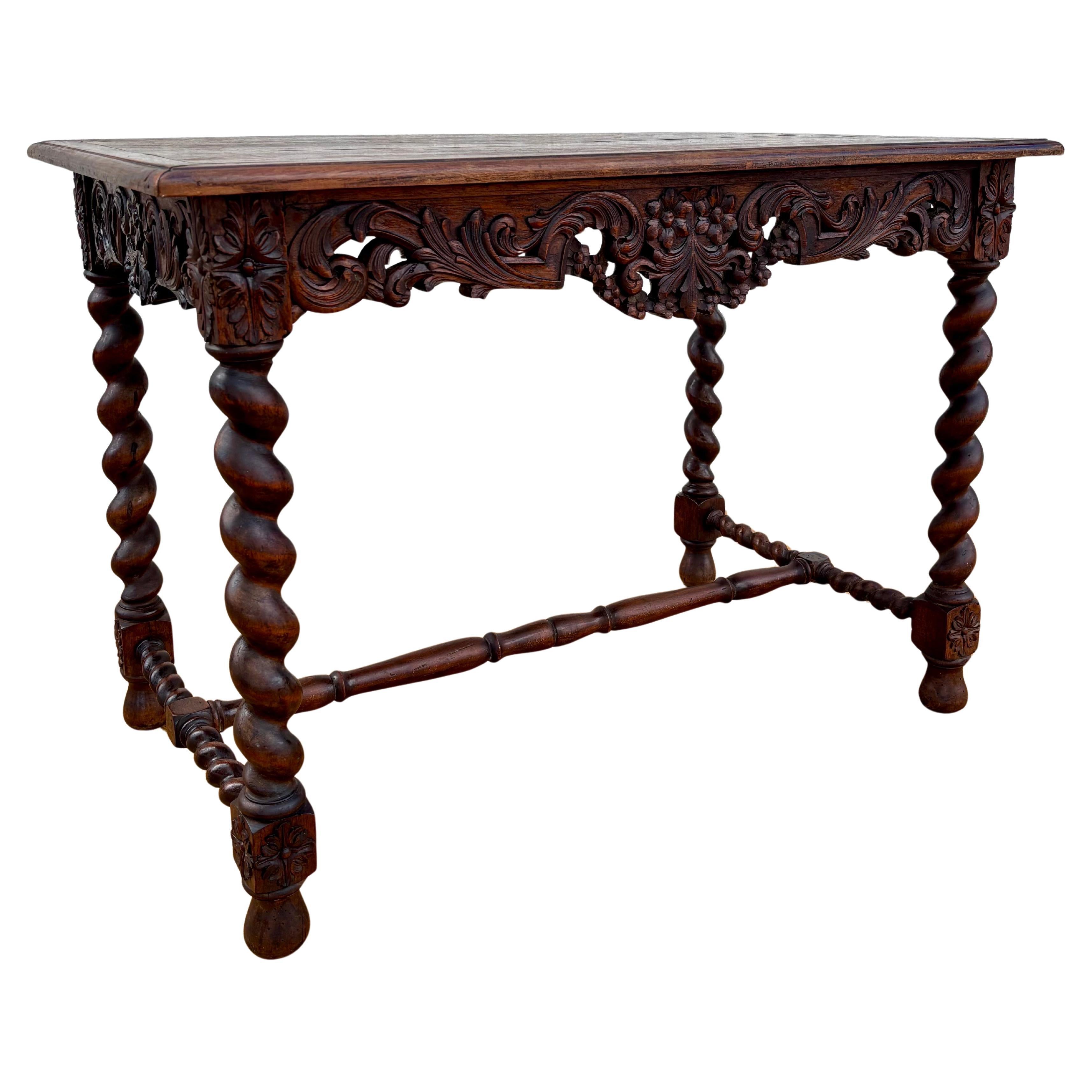 19th Century French Louis XIV Breton Carved Oak Sofa Table Desk, 1890s en vente