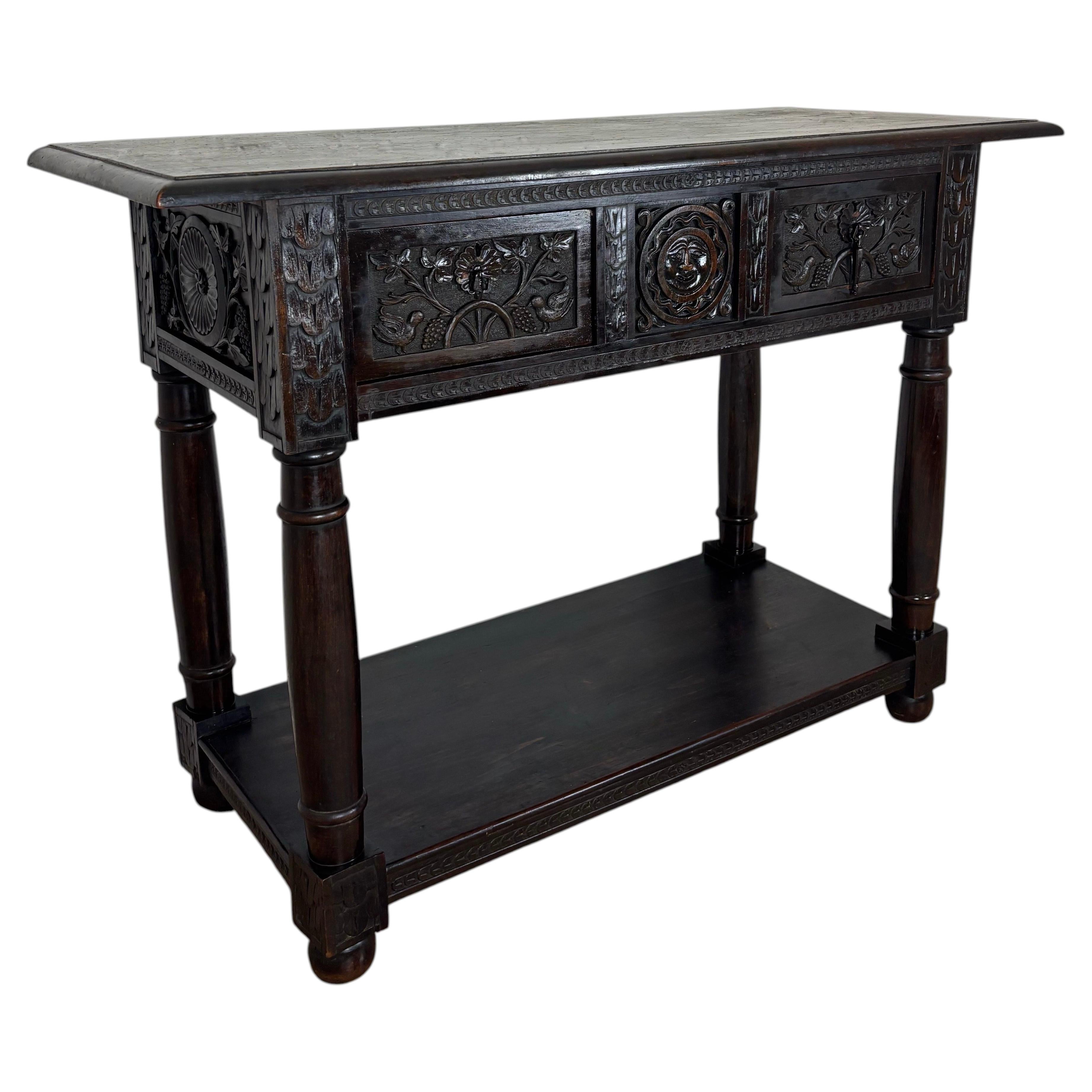 19th Century Spanish Carved Oak Console Table with Two Drawers