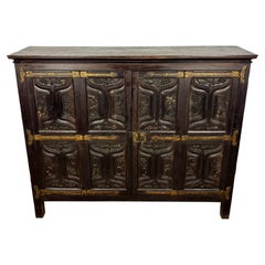 Spanish Baroque Style Carved Oak Sideboard with Iron Hardware, 1890s