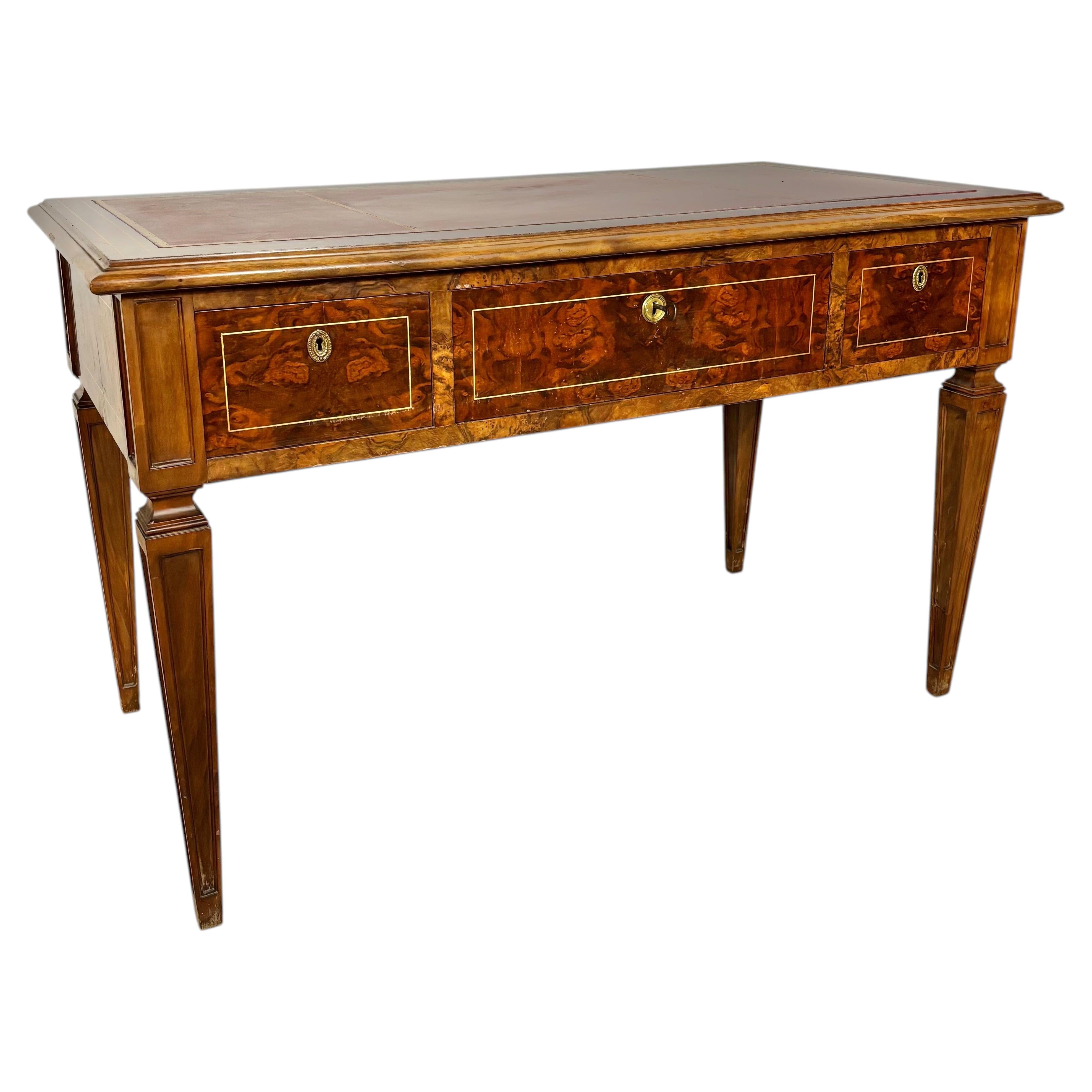French Louis XVI Style Walnut Writing Desk with Leather Top, Early 20th Century