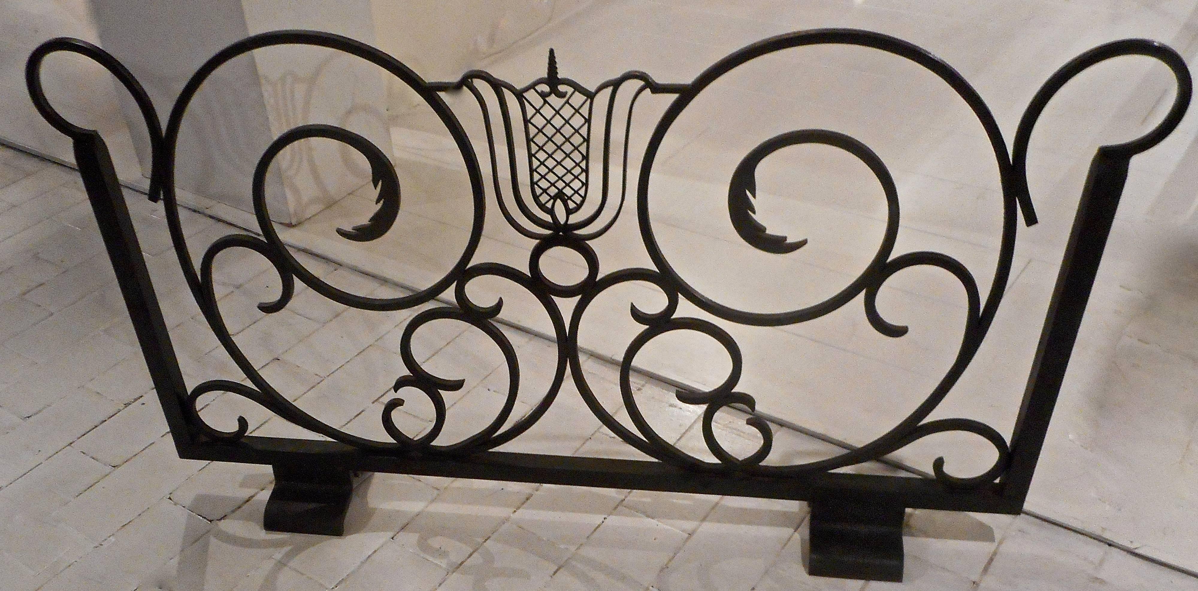 Blackened Wrought Iron Firescreen Attributed to Raymond Subes For Sale