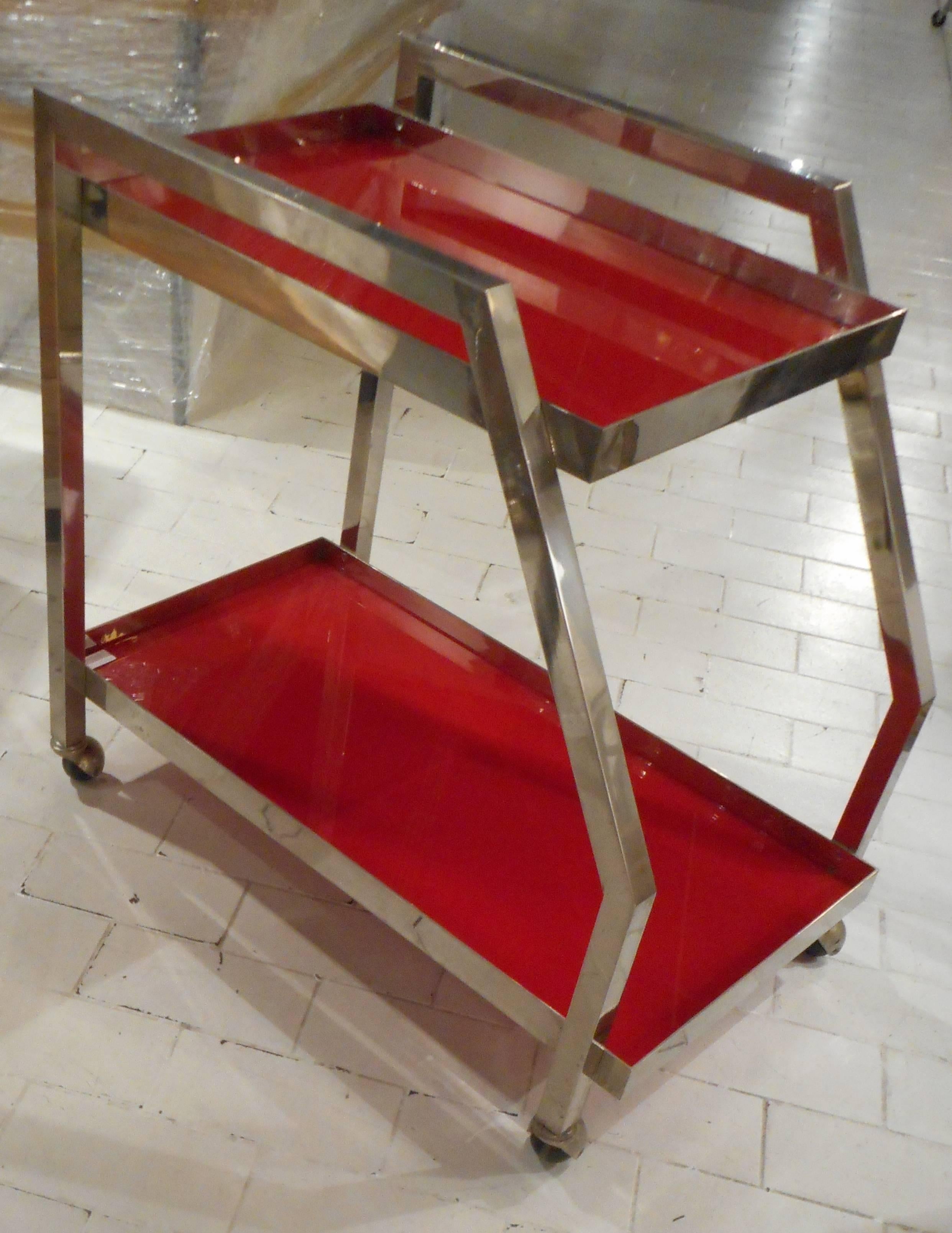 Italian Asymmetrical Trolley with Red Opaline Trays, 1970s For Sale