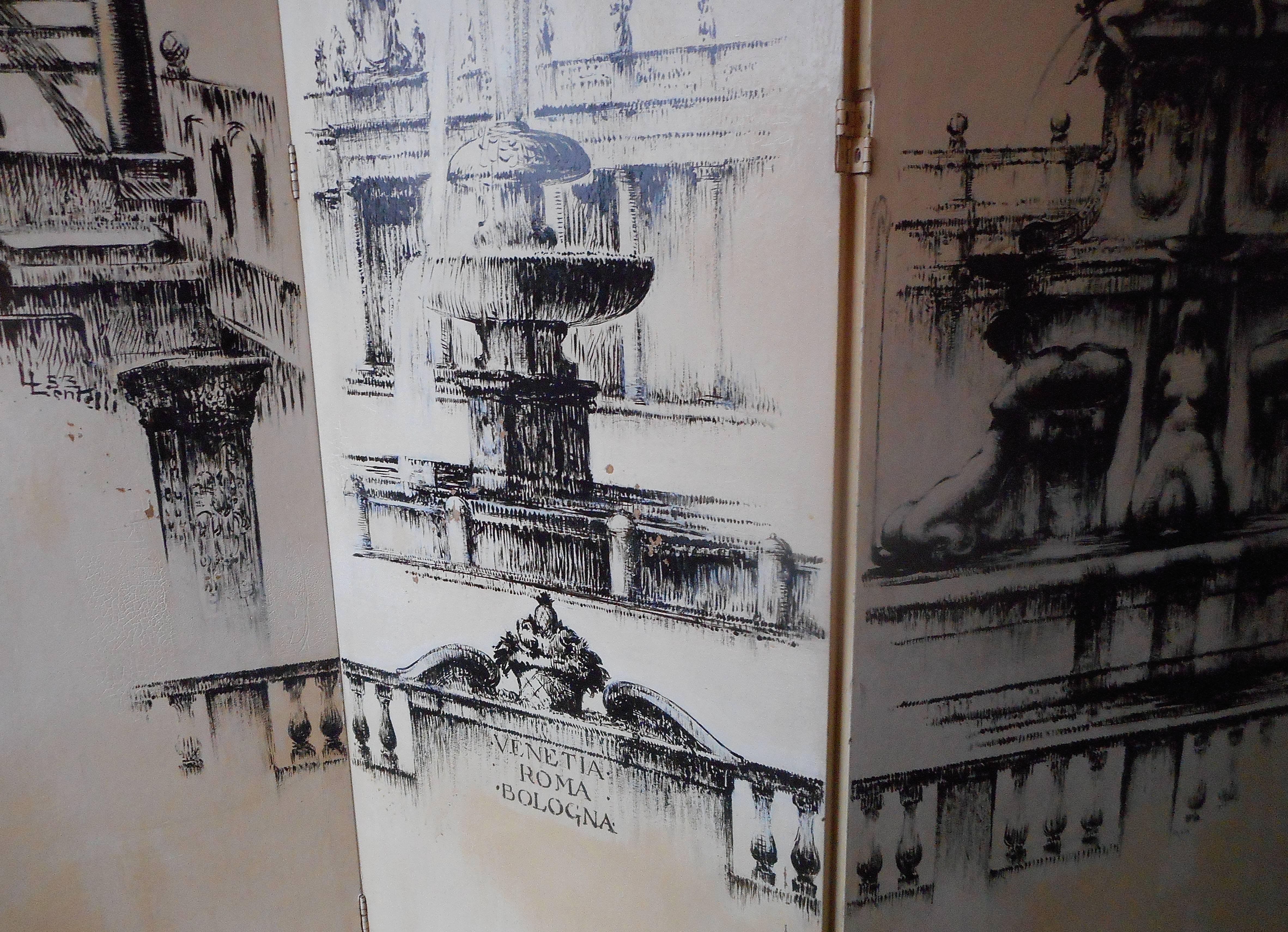 Three folds showing Italians historical monuments (Roma, Bologna, Venezia) and painted by the renown artist Leo Lentelli.
In the style of Piero Fornasetti.
Signed and dated 1953.
