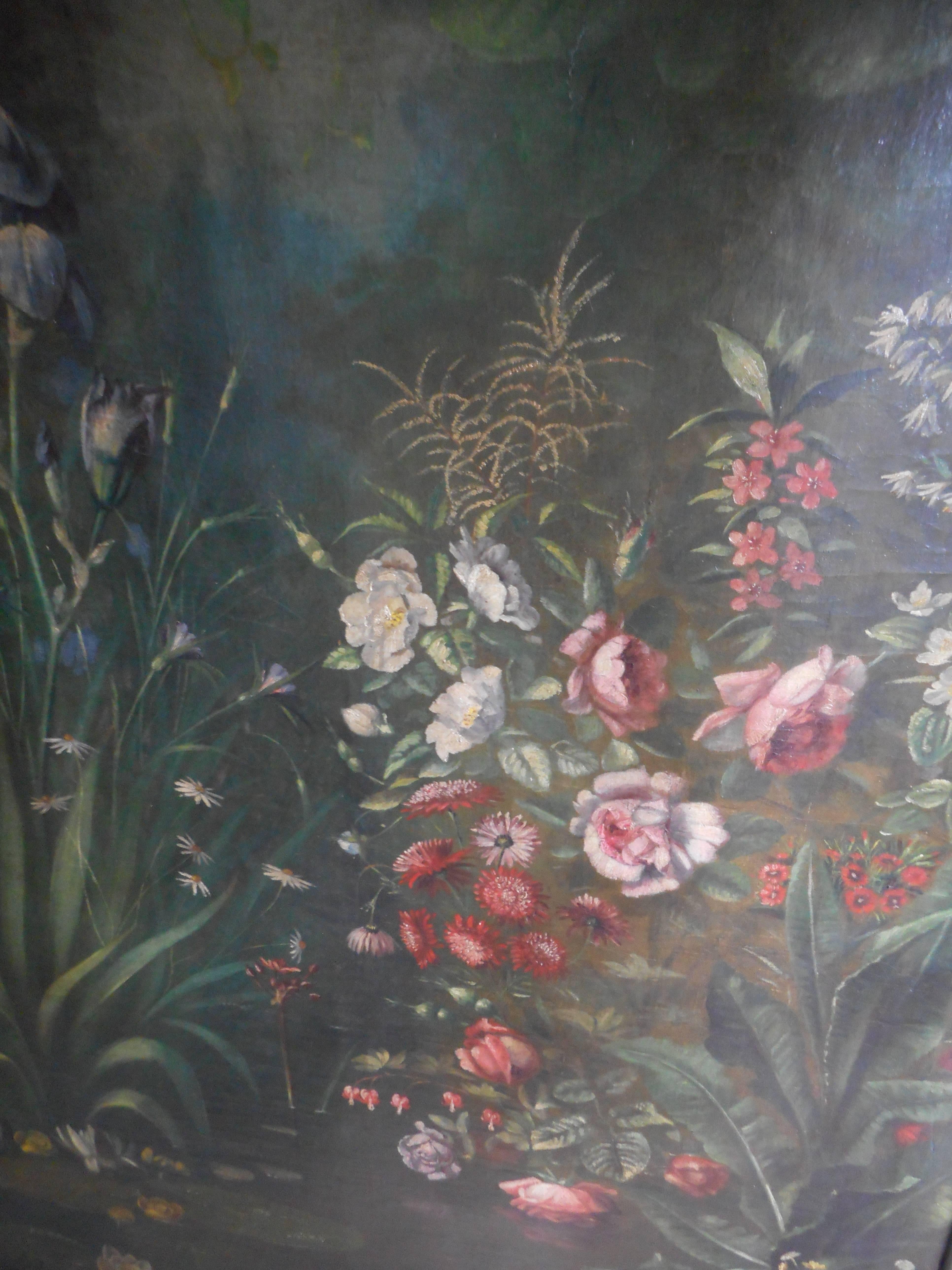 Painted Large Late 19th Century Painting with Flowers, pound and nenuphars.