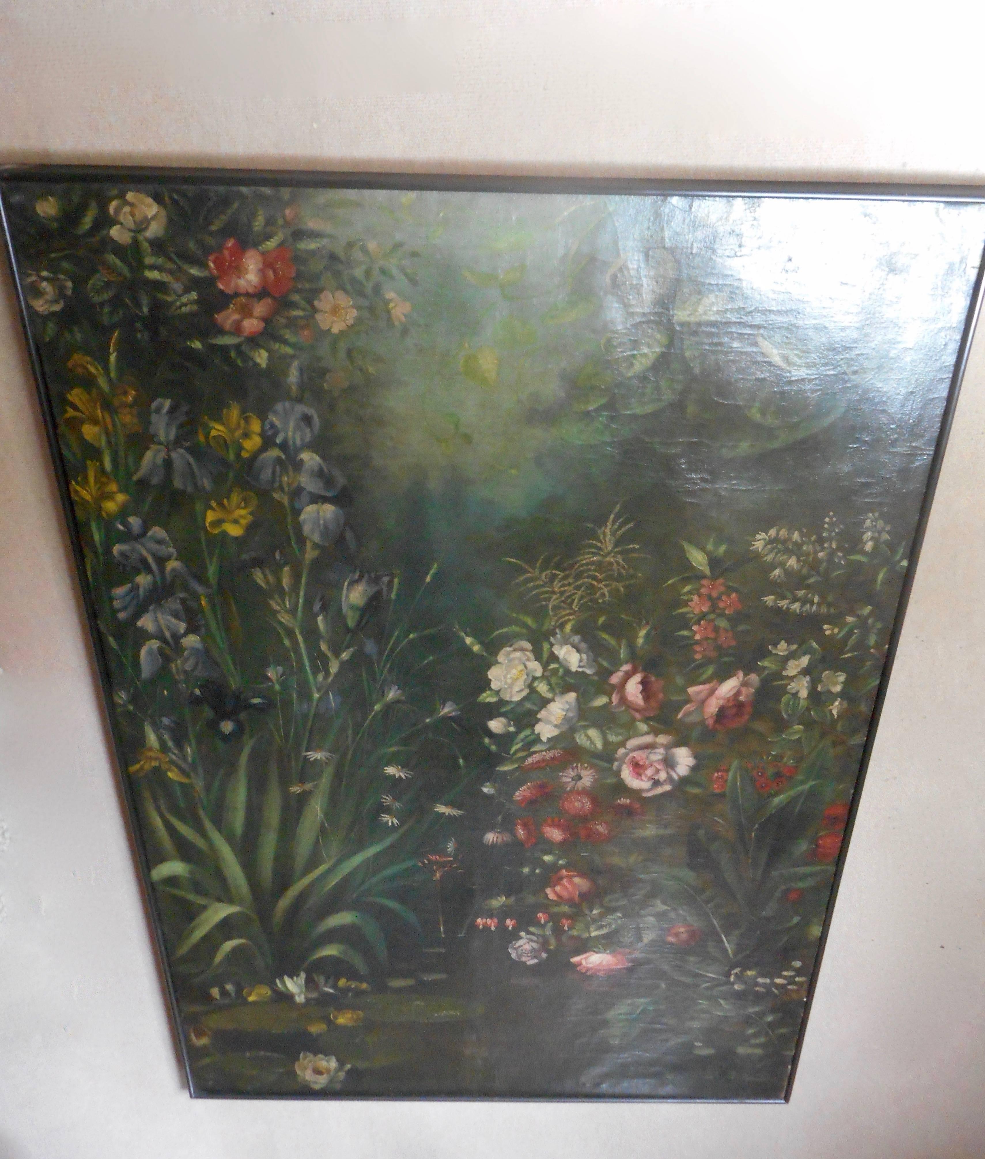 Large Late 19th Century Painting with Flowers, pound and nenuphars. In Good Condition In Brussels, BE