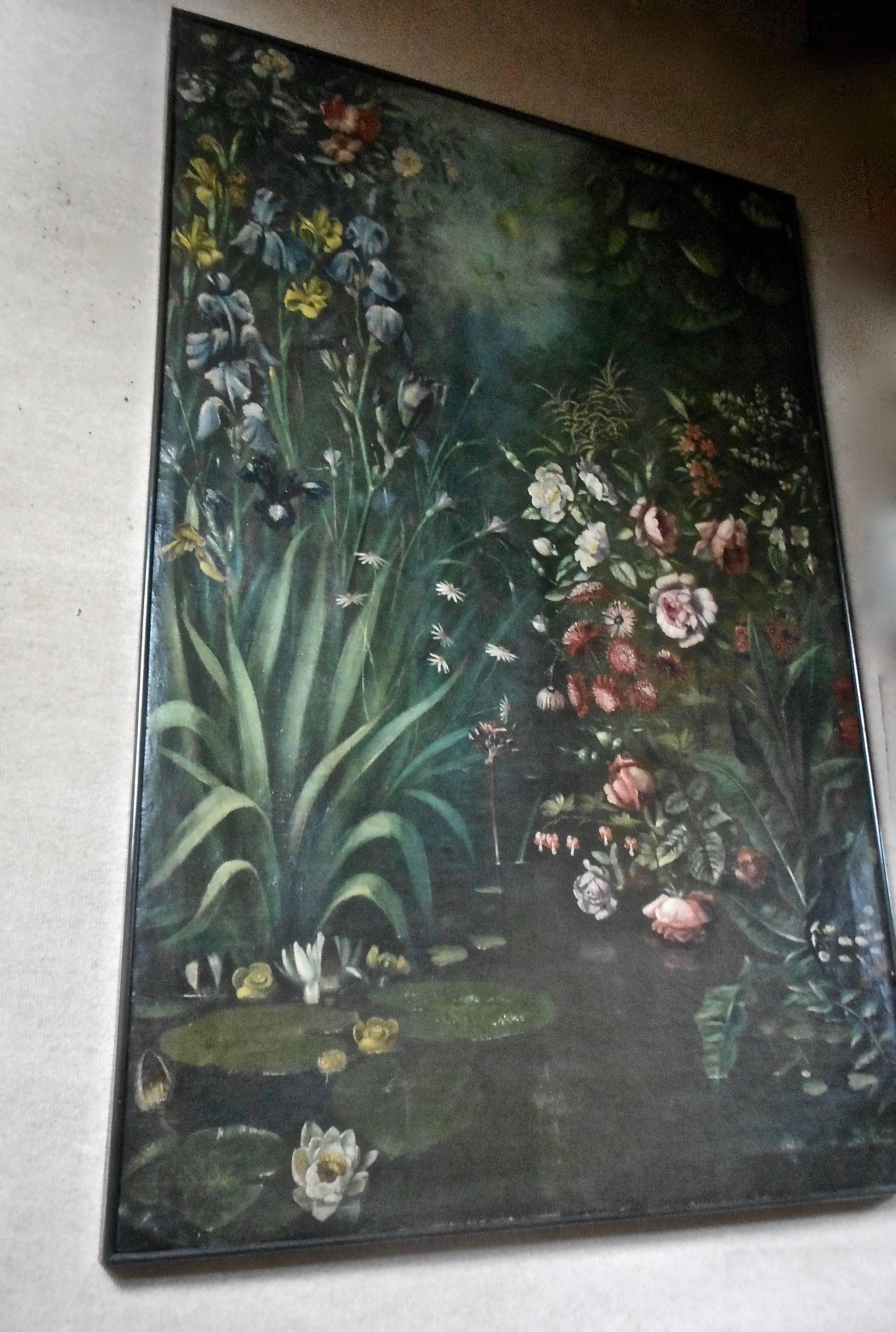 Large Late 19th Century Painting with Flowers, pound and nenuphars. 1