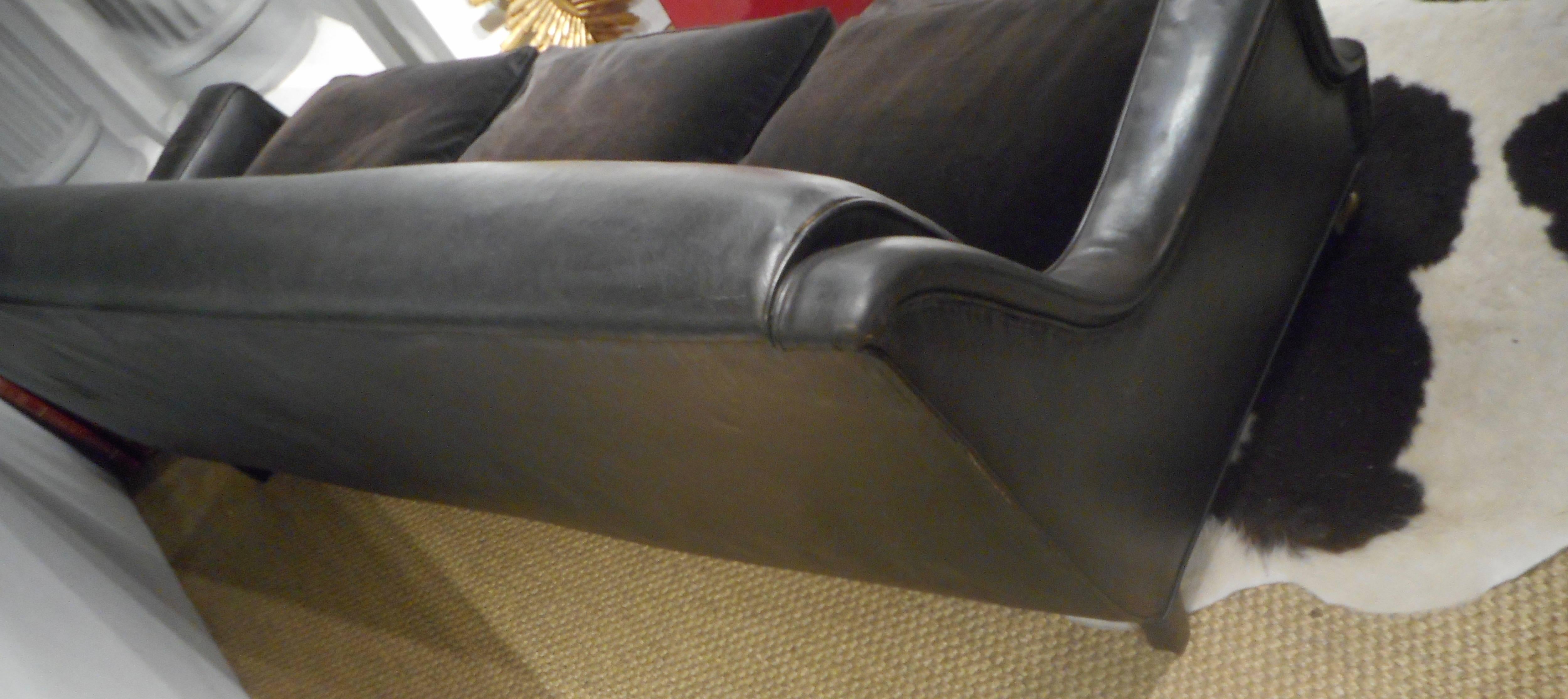 Bronze Neoclassical Black Leather Sofa by Maison Jansen