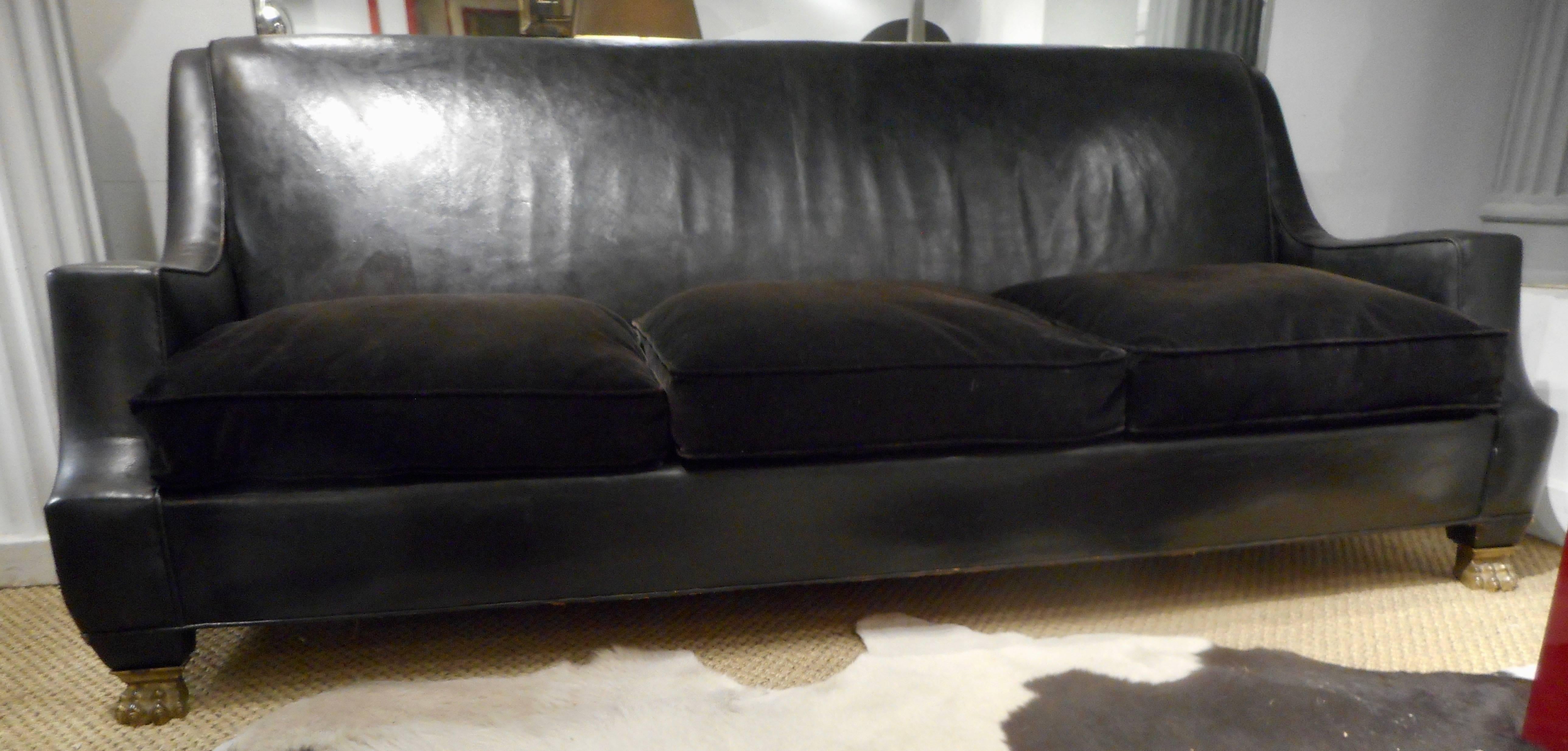 Neoclassical Black Leather Sofa by Maison Jansen 1