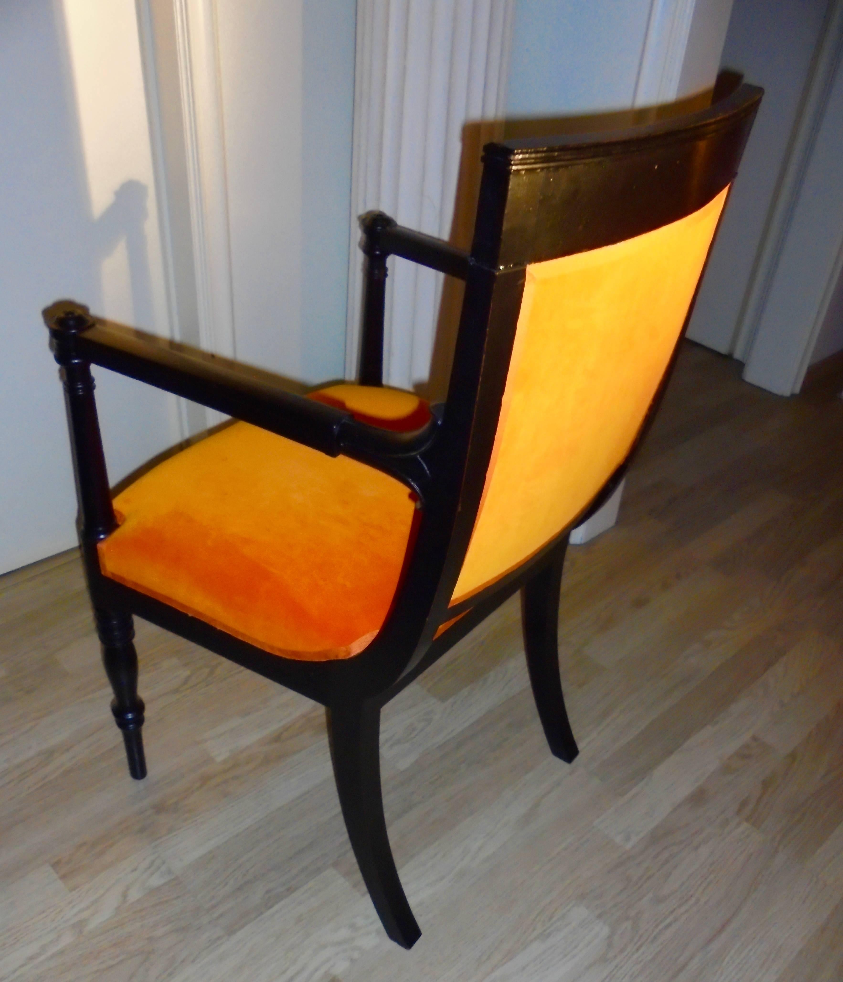 French Elegant Black Lacquer and Orange Velvet Klismos Armchair For Sale
