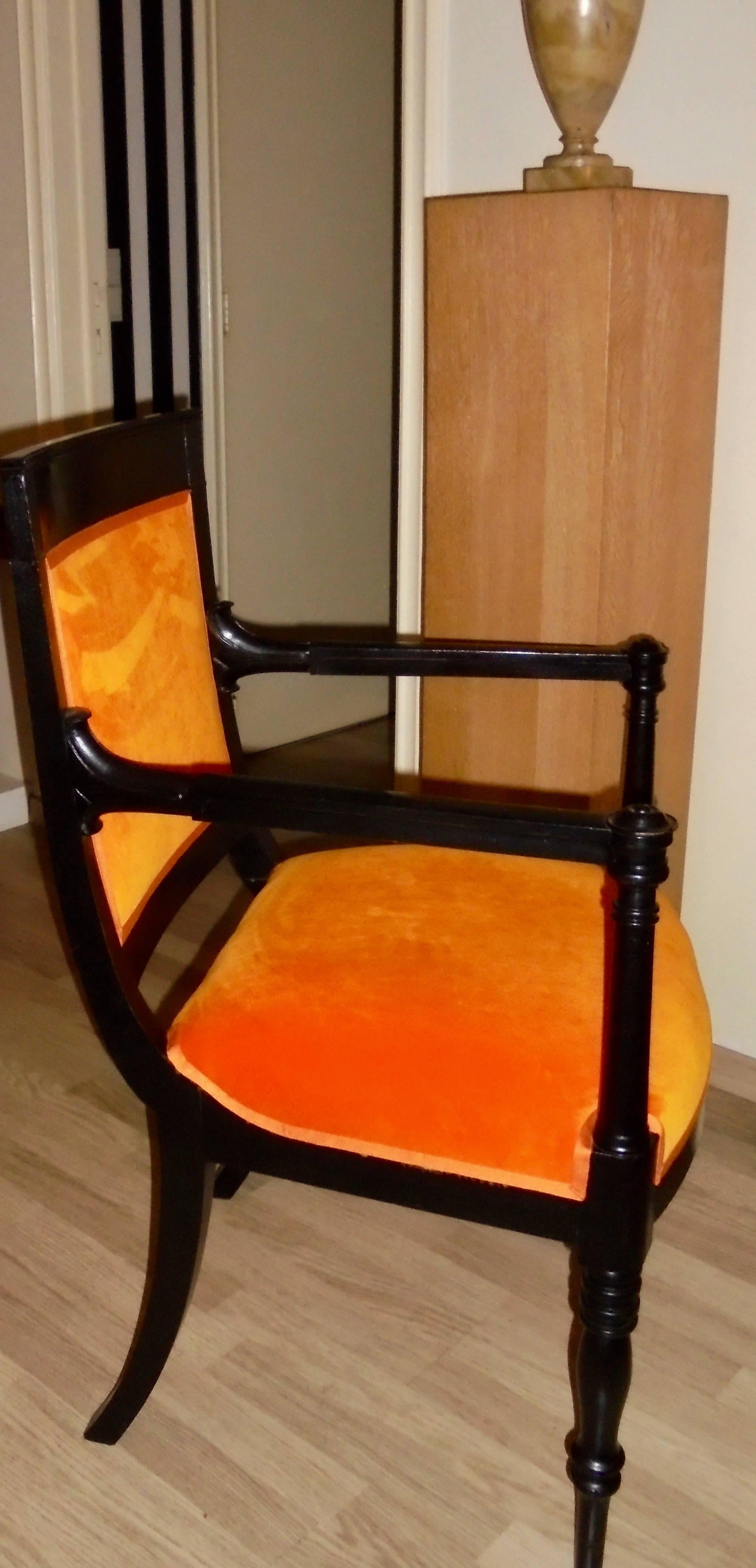 Empire Revival Elegant Black Lacquer and Orange Velvet Klismos Armchair For Sale