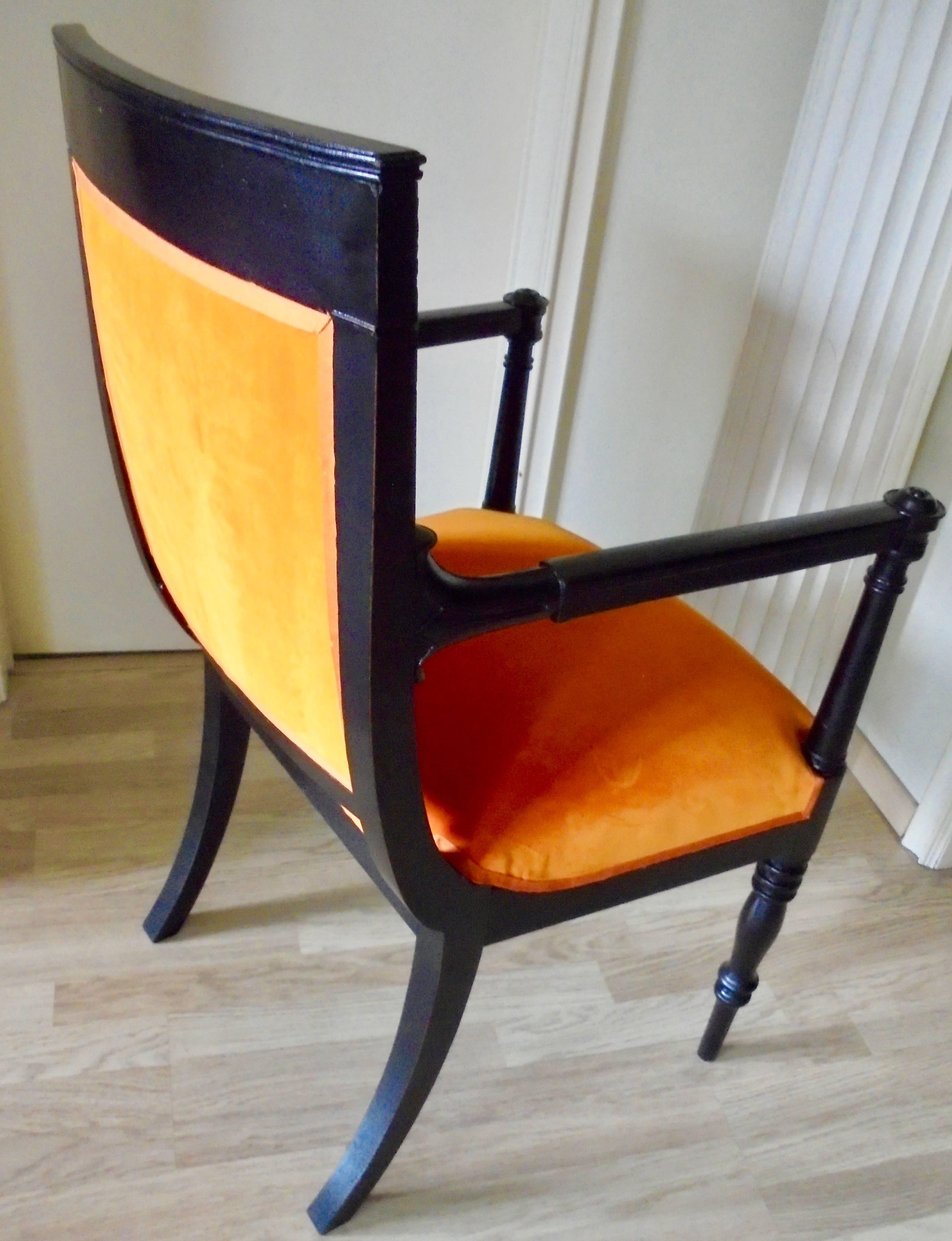 Ebonized Elegant Black Lacquer and Orange Velvet Klismos Armchair For Sale