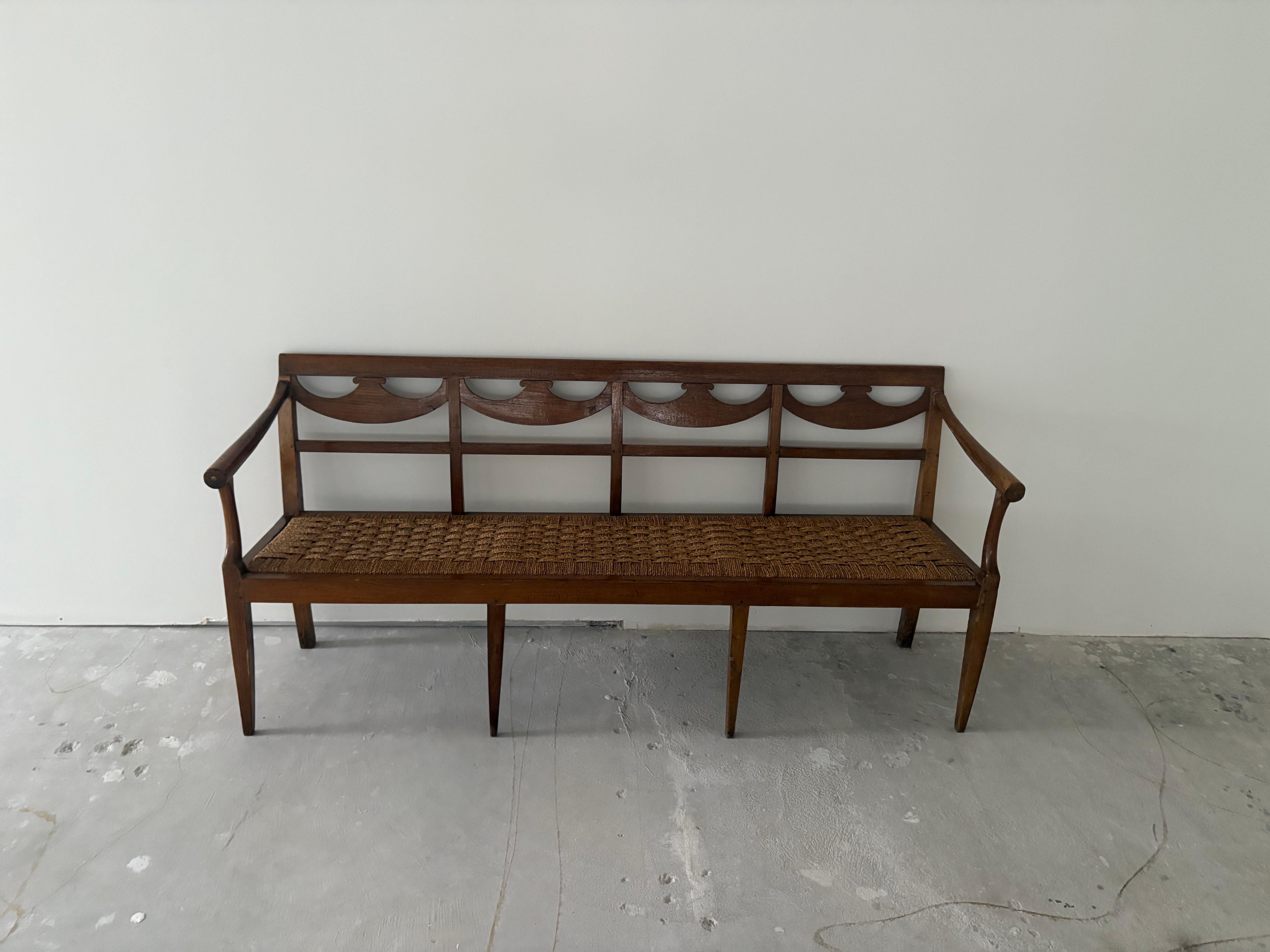 18th Century Italian Walnut Directoire Bench Having a Cord Seat and Open Arms For Sale 2