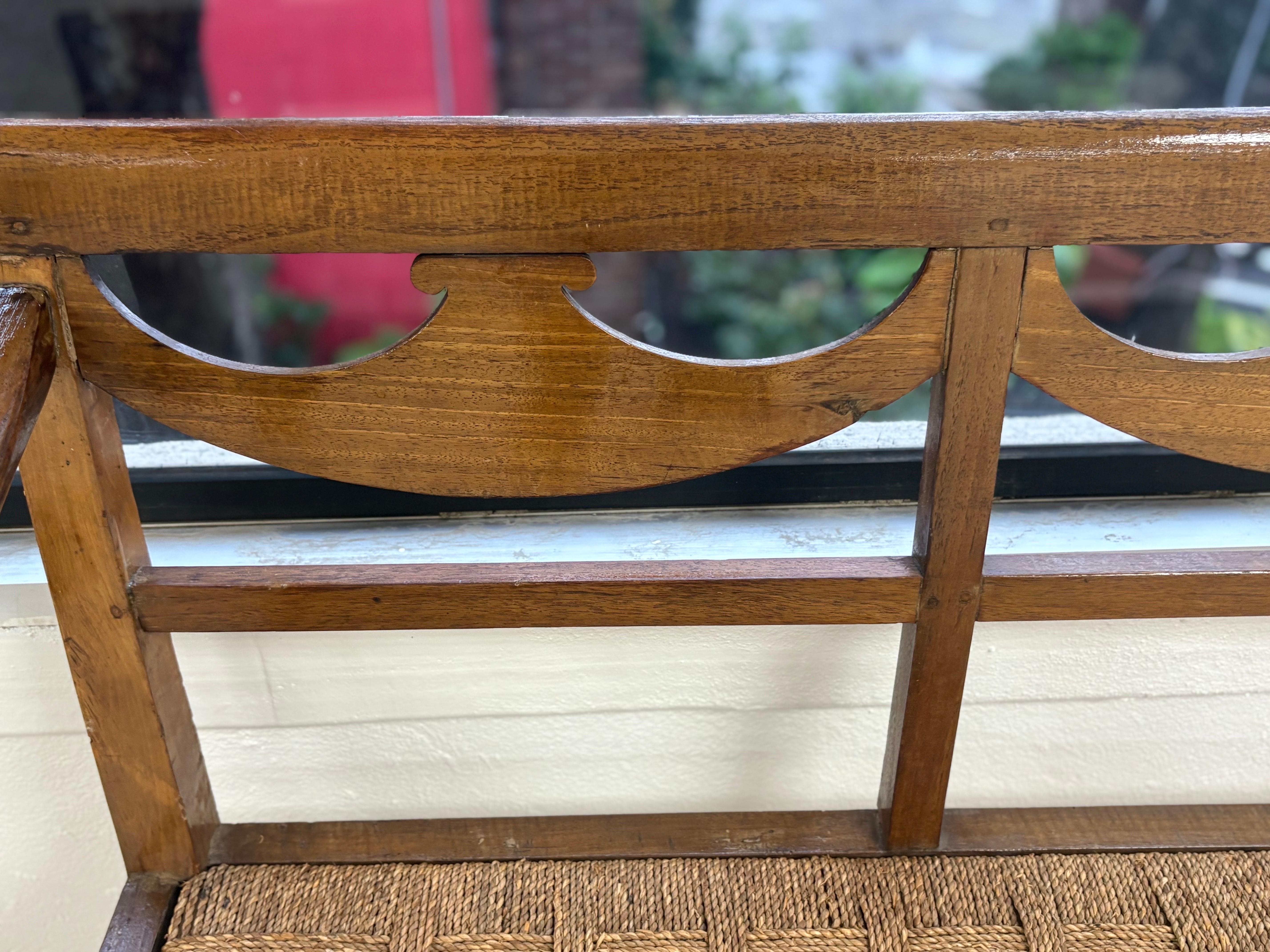 18th Century Italian Walnut Directoire Bench Having a Cord Seat and Open Arms For Sale 5