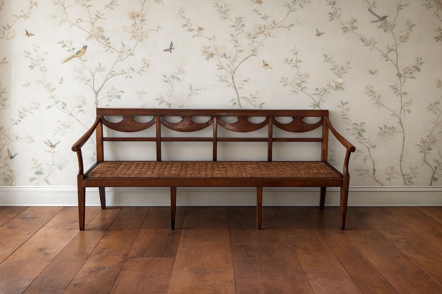 18th Century Italian Walnut Directoire Bench Having a Cord Seat and Open Arms For Sale 7