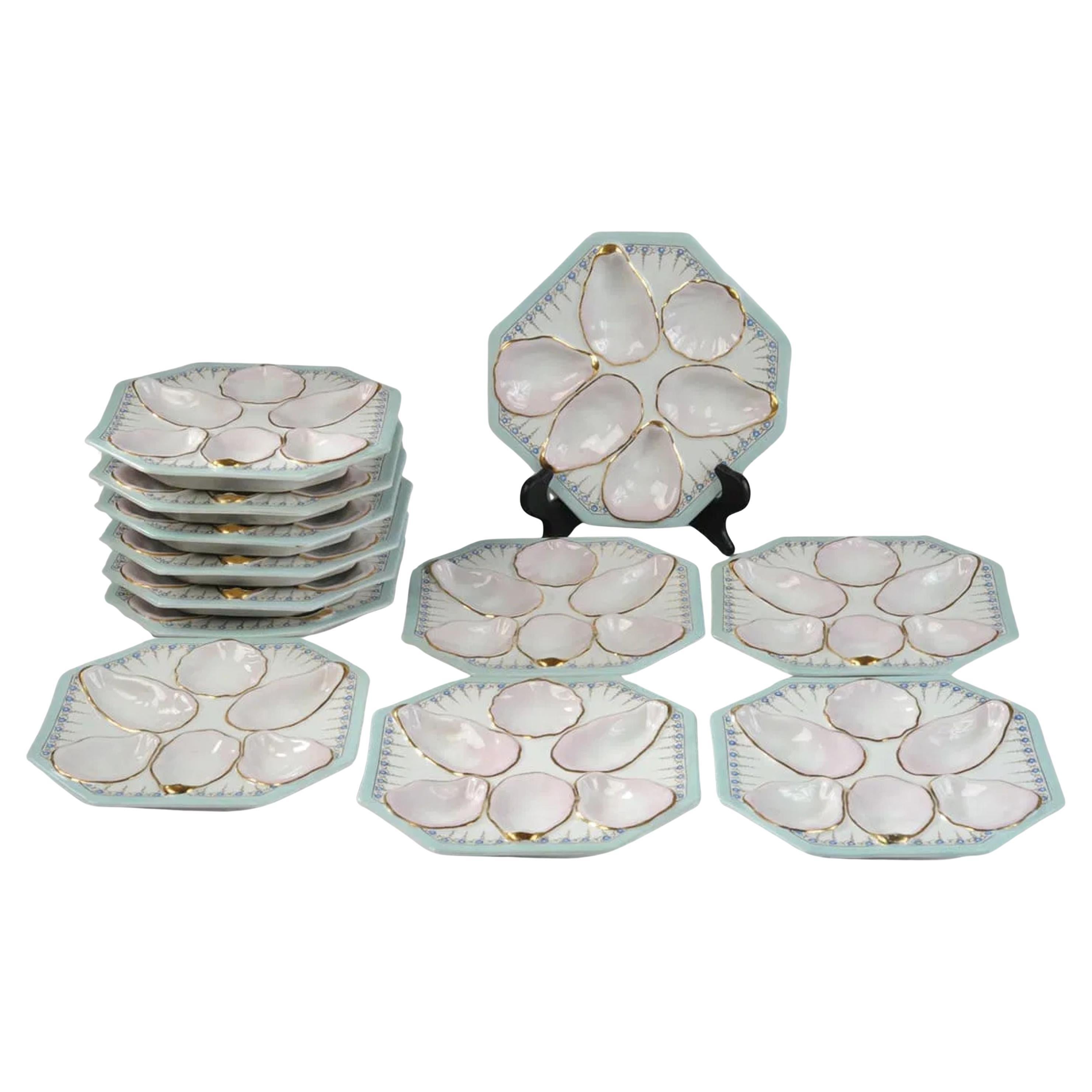 Set of 12 Hand Painted Porcelain Oyster Plates, Late 19th or Early 20th Century