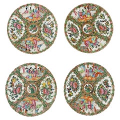 Set of Four Scalloped Rim Rose Medallion Plates, 19th Century