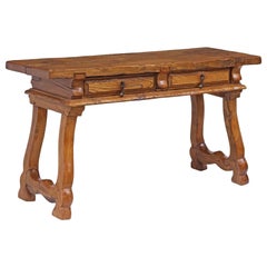 19th Century Spanish Baroque Style Walnut Trestle Console Table With Two Drawers