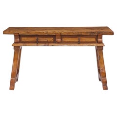 19th Century Spanish Baroque Style Walnut Trestle Console Table With Two Drawers