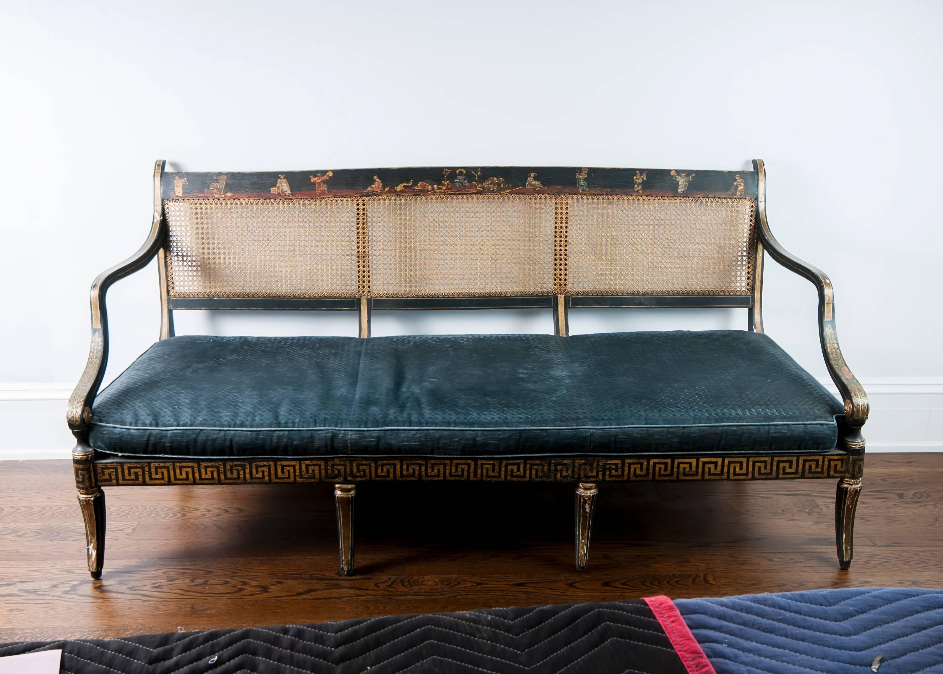 Antique Black and Gilt Painted Regency Caned Settee with Velvet Cushion In Fair Condition In Locust Valley, NY