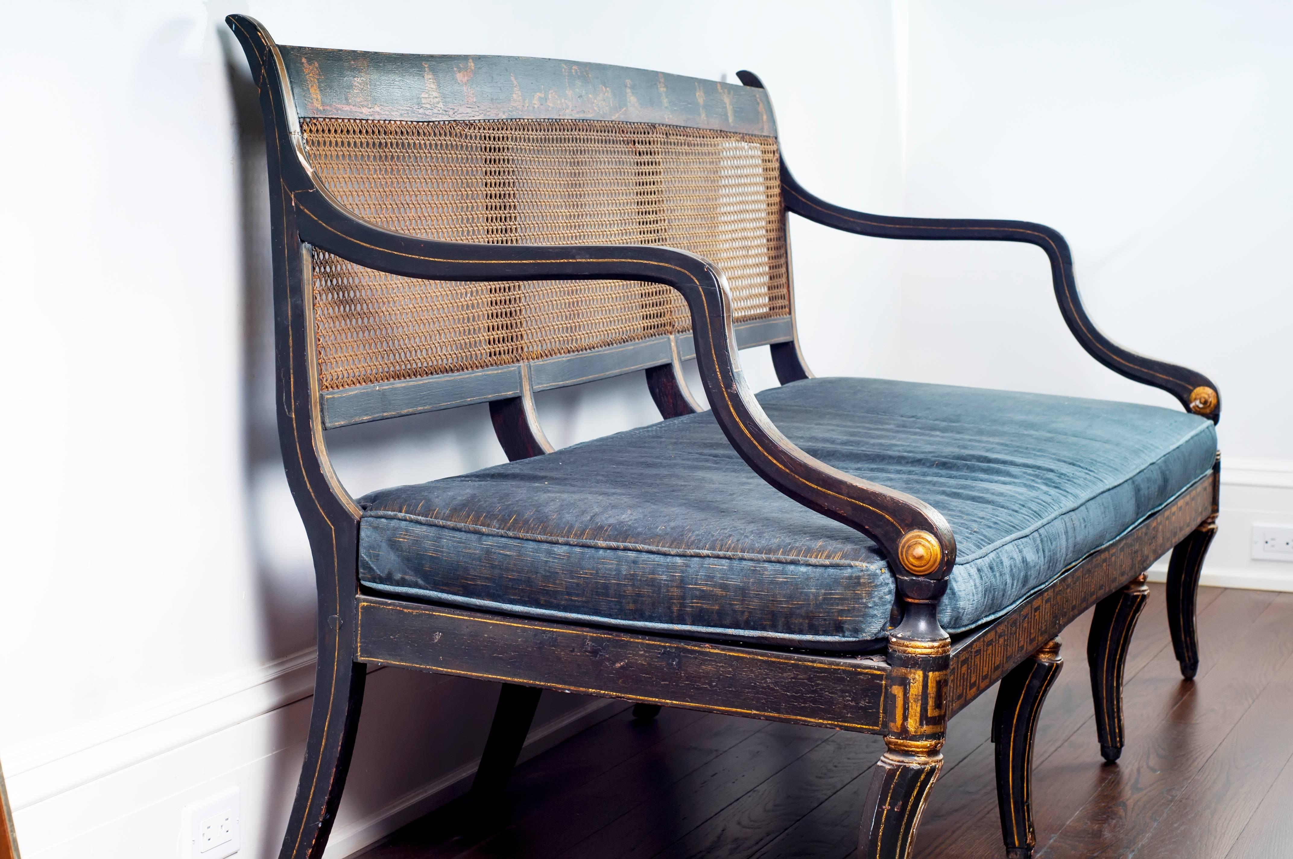 19th Century Antique Black and Gilt Painted Regency Caned Settee with Velvet Cushion